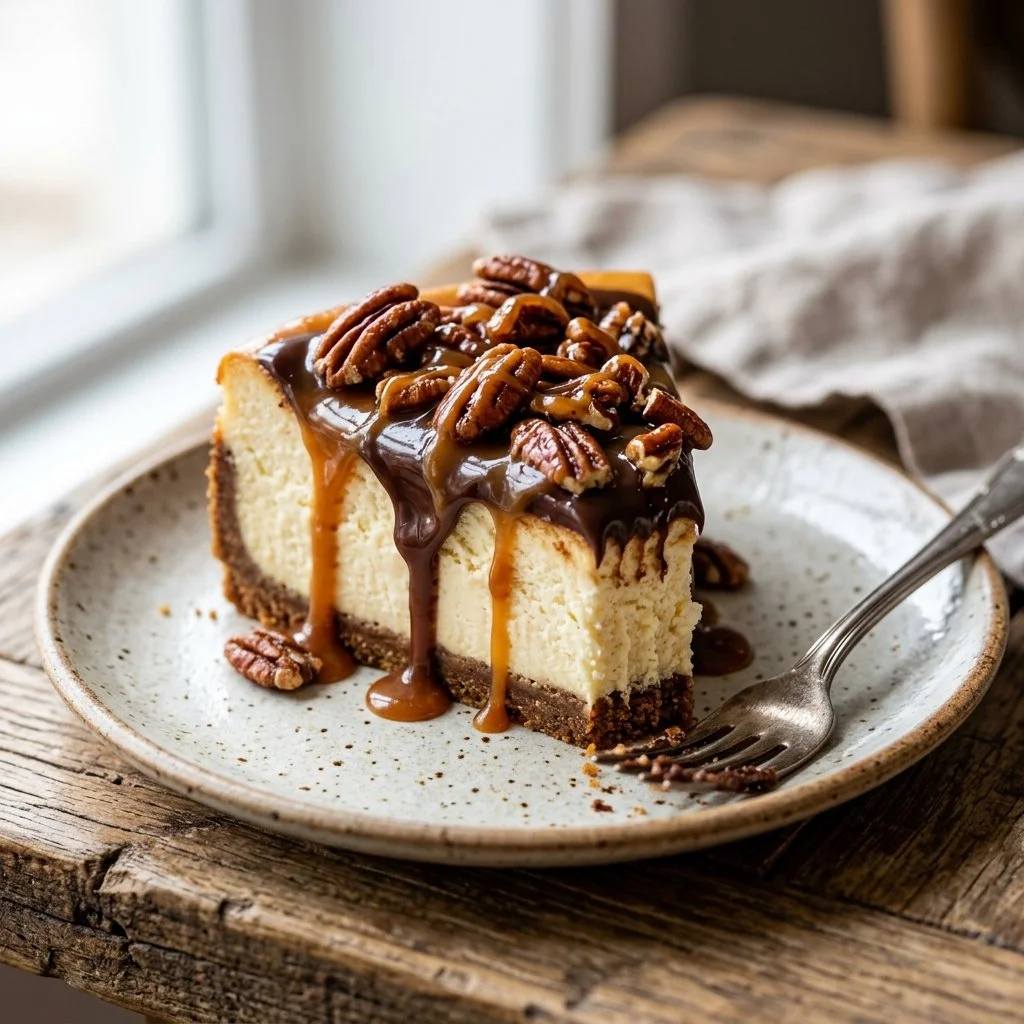 Delicious Turtle Cheesecake topped with caramel, chocolate, and pecans