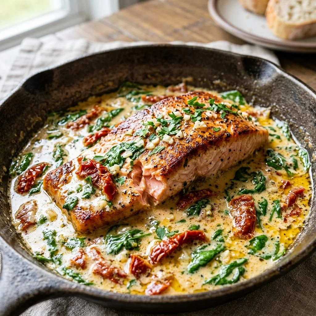 Delicious Tuscan Butter Salmon with creamy sauce and fresh herbs