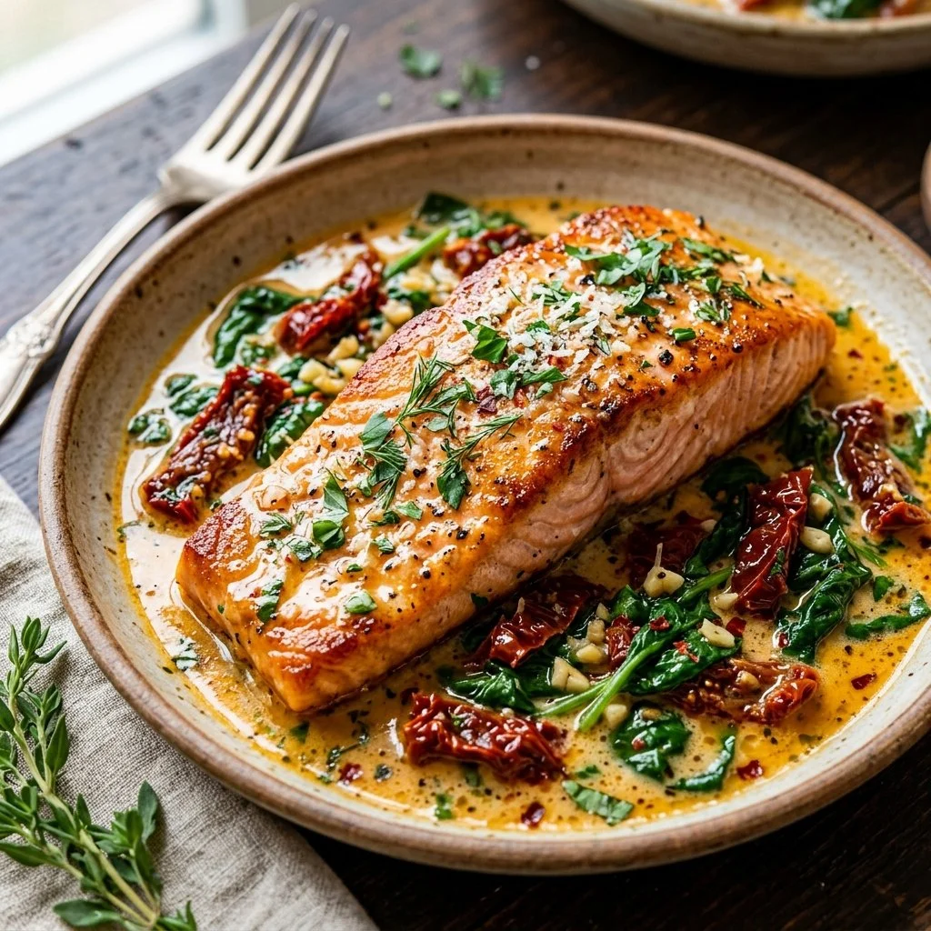 Delicious Tuscan Butter Salmon served on a plate with herbs and sauce