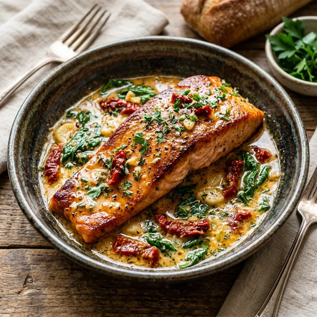 Delicious Tuscan Butter Salmon served on a plate