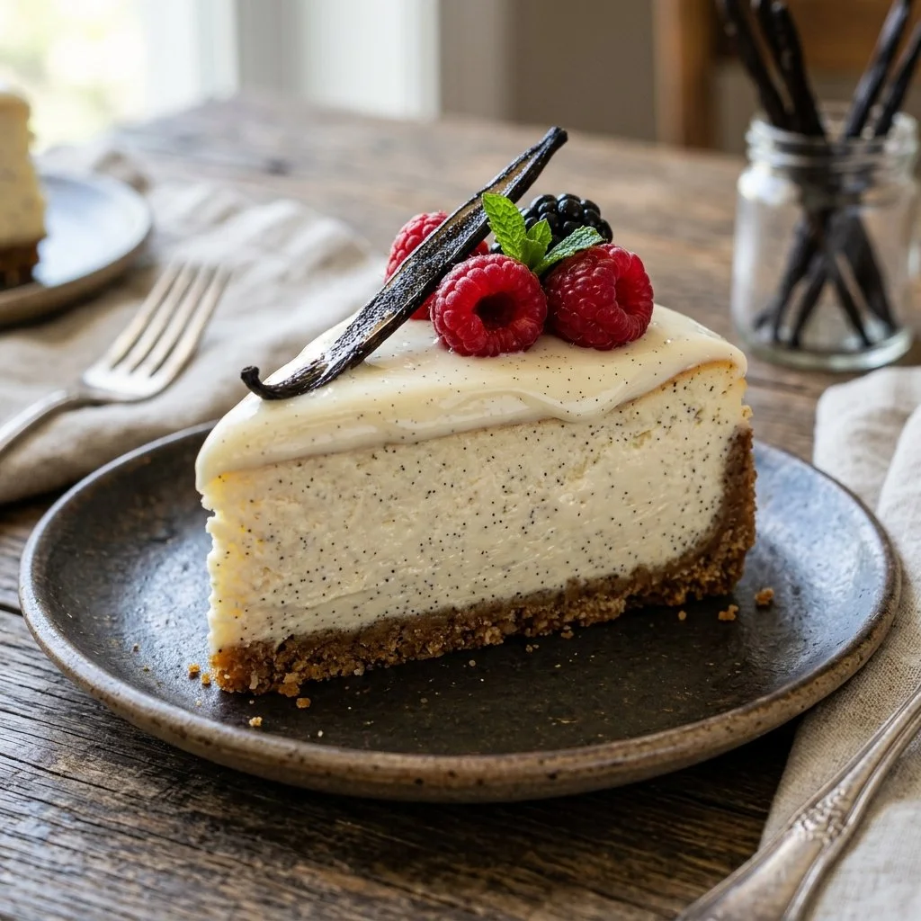 Delicious homemade Vanilla Bean Cheesecake topped with whipped cream and vanilla beans.