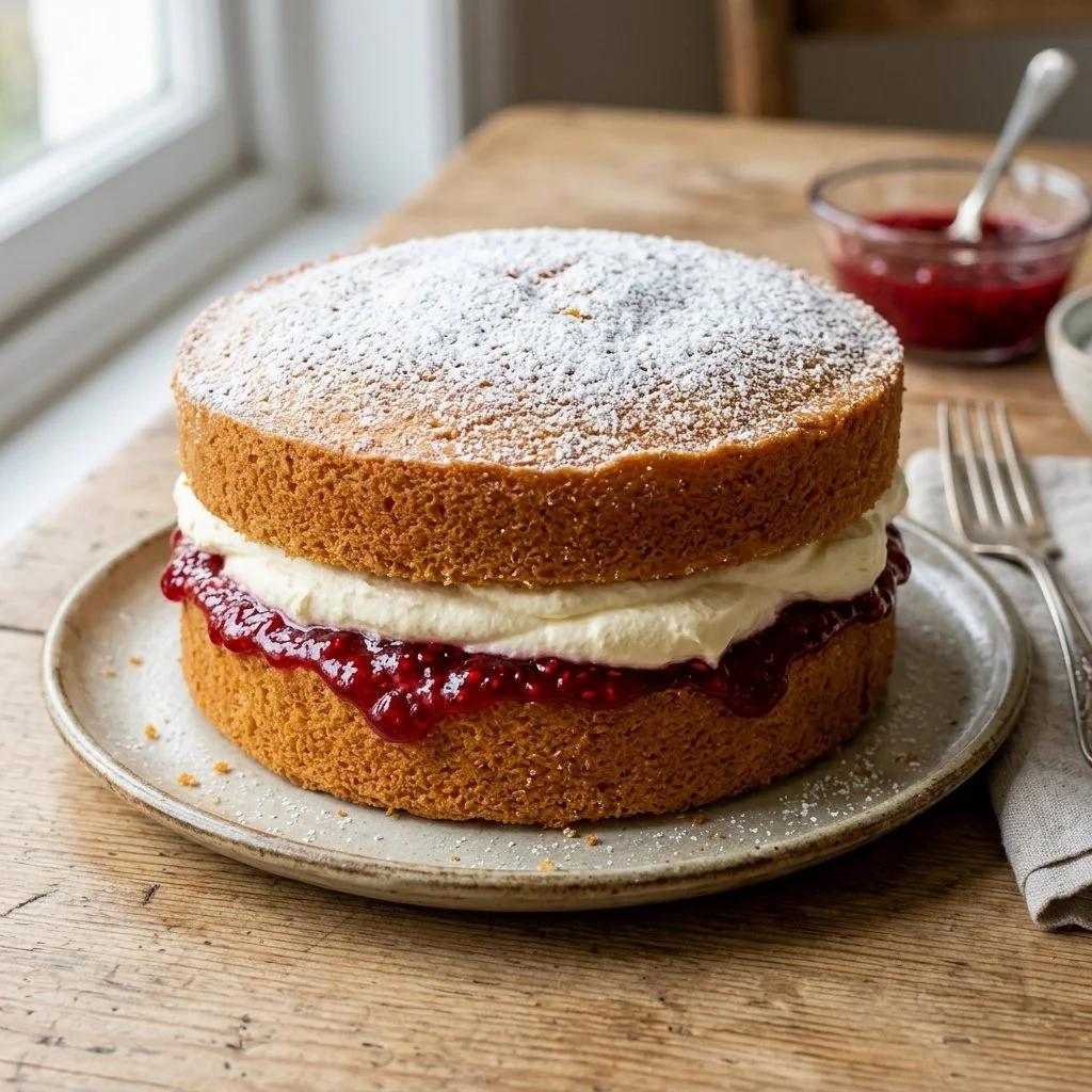 Delicious homemade Victoria Sponge Cake with jam and cream filling.
