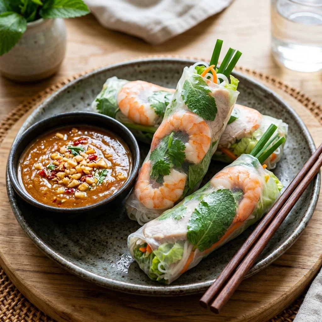 Vietnamese rice paper spring rolls filled with fresh vegetables and herbs.