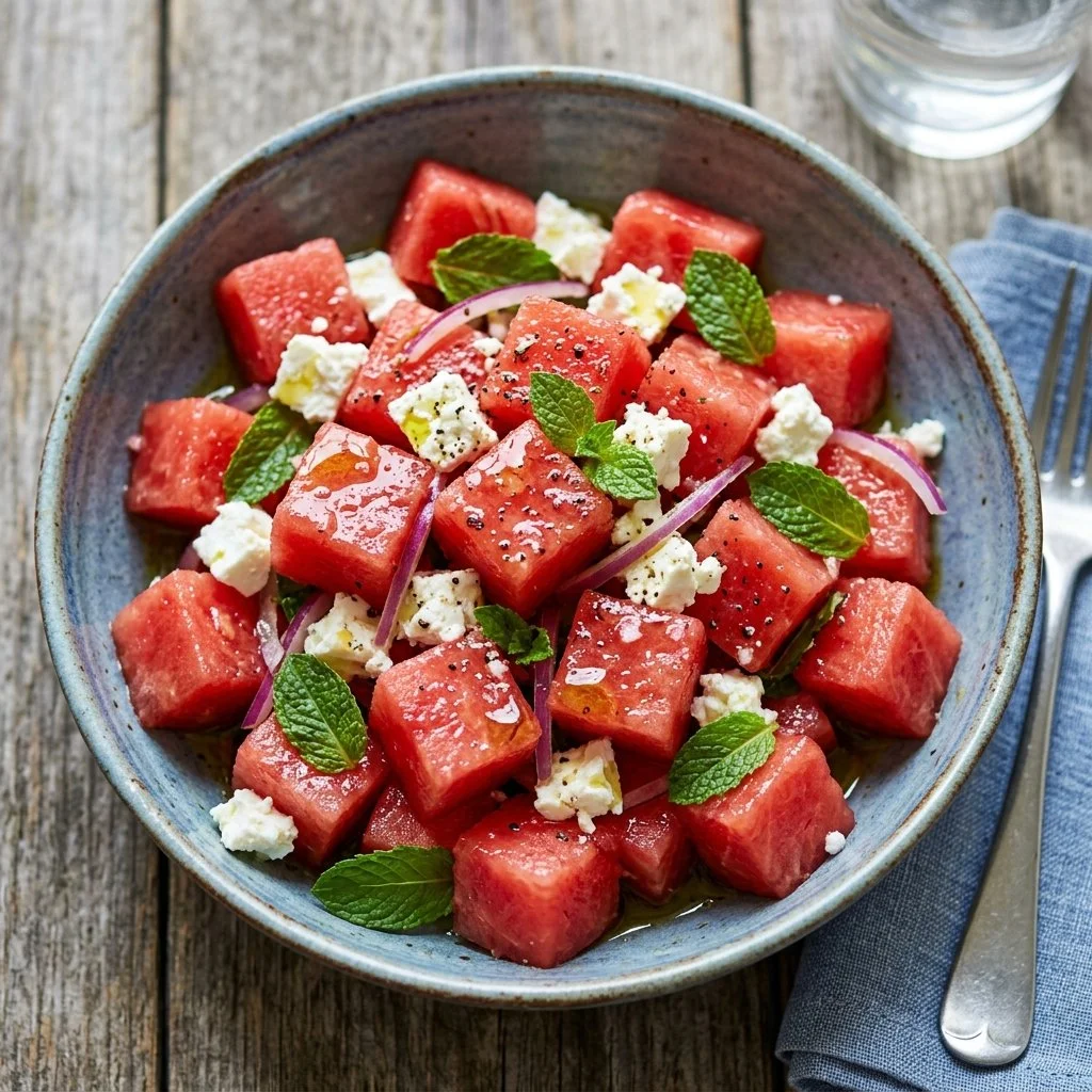 Delicious watermelon feta salad with fresh mint and olive oil dressing