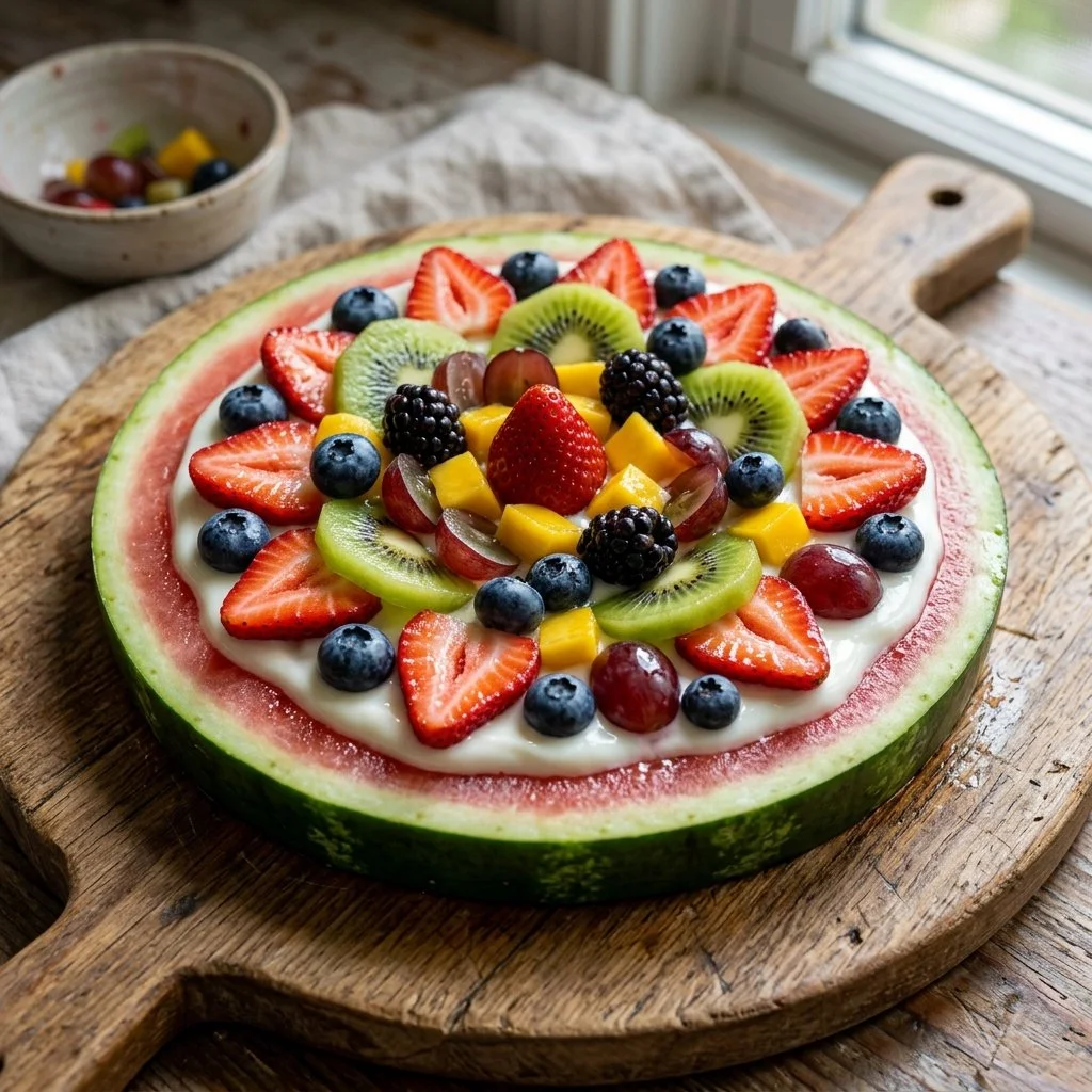 Delicious Watermelon Pizza topped with fresh fruits and yogurt