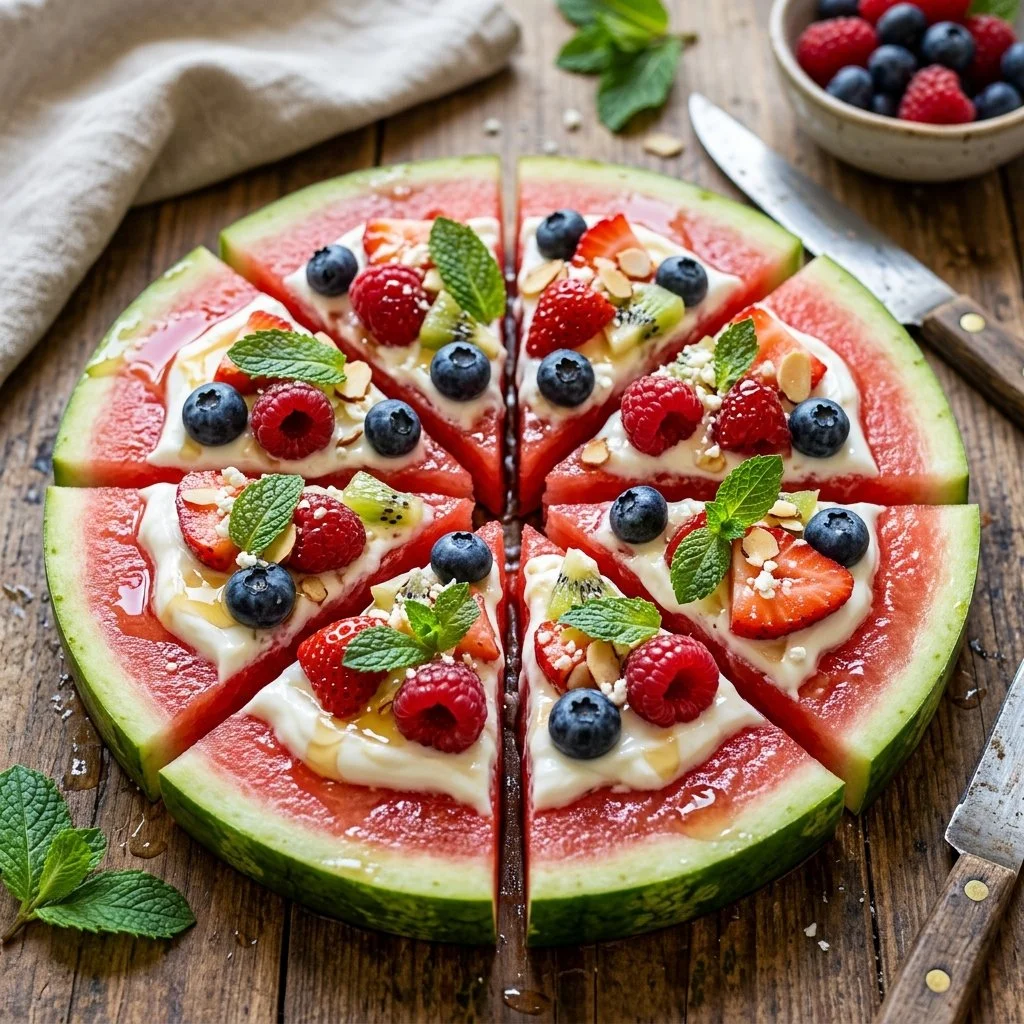 Slice of colorful watermelon pizza topped with fresh fruits and mint leaves