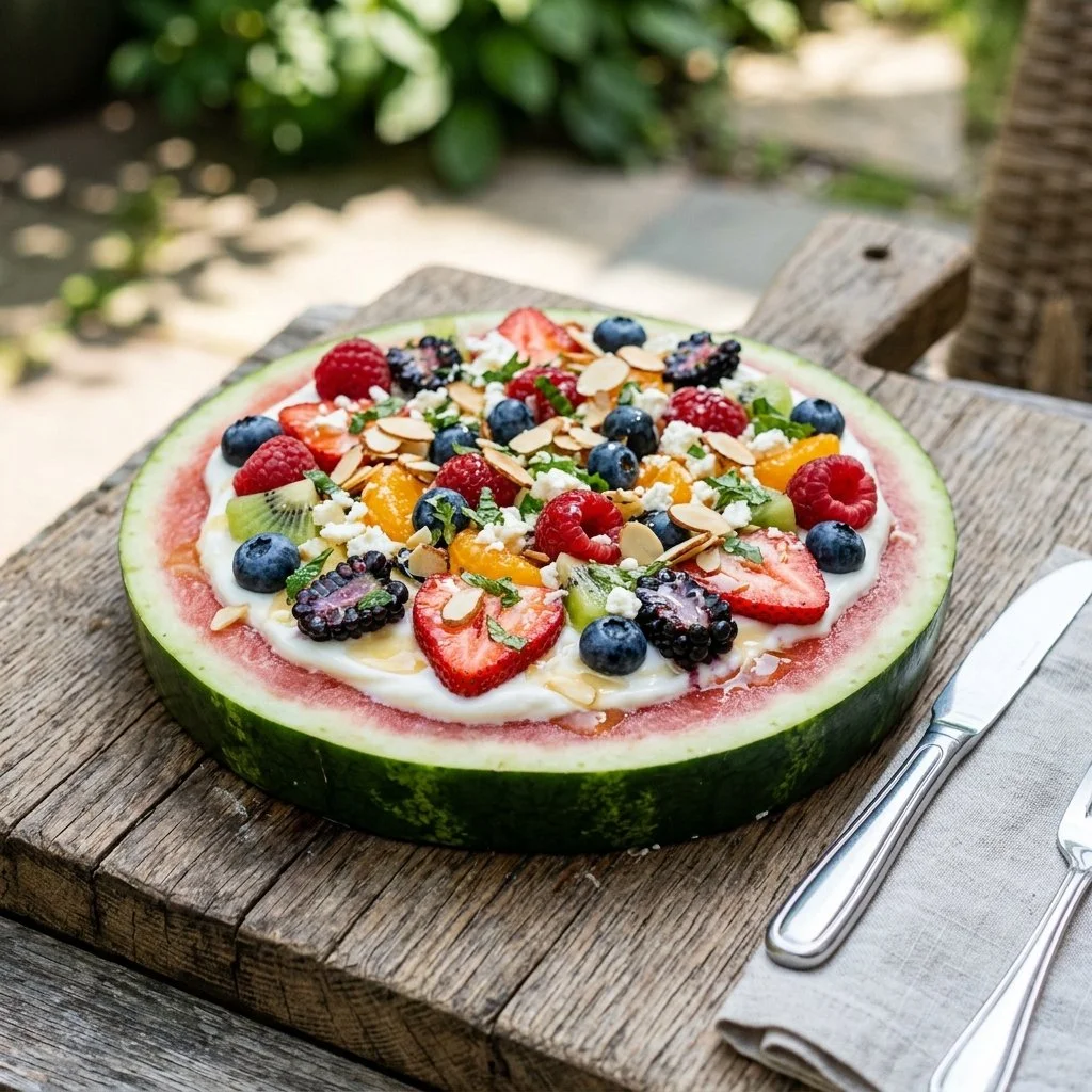 Colorful Watermelon Pizza topped with fruits and mint for a refreshing dessert.