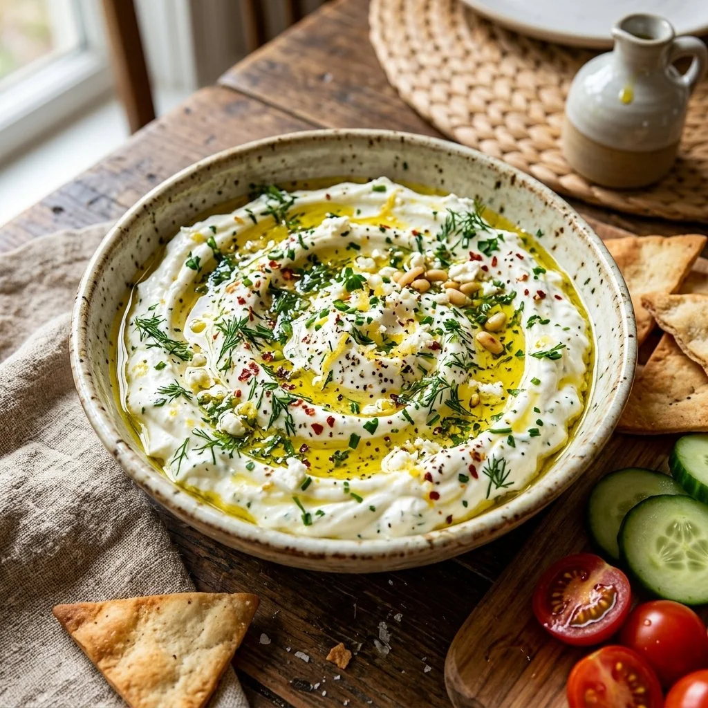 Delicious whipped feta dip served with fresh veggies and bread