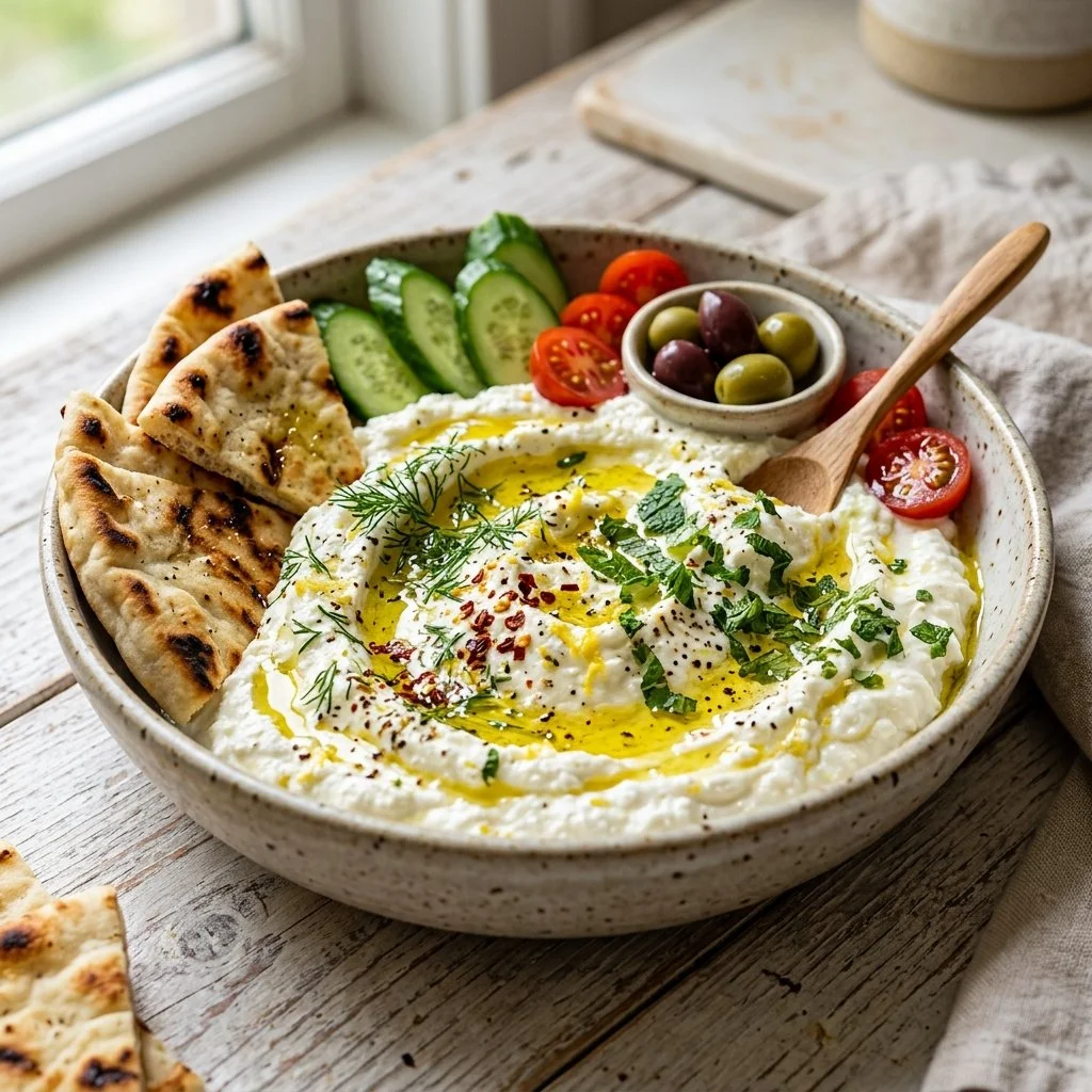Creamy whipped feta dip served in a bowl with olive oil and herbs