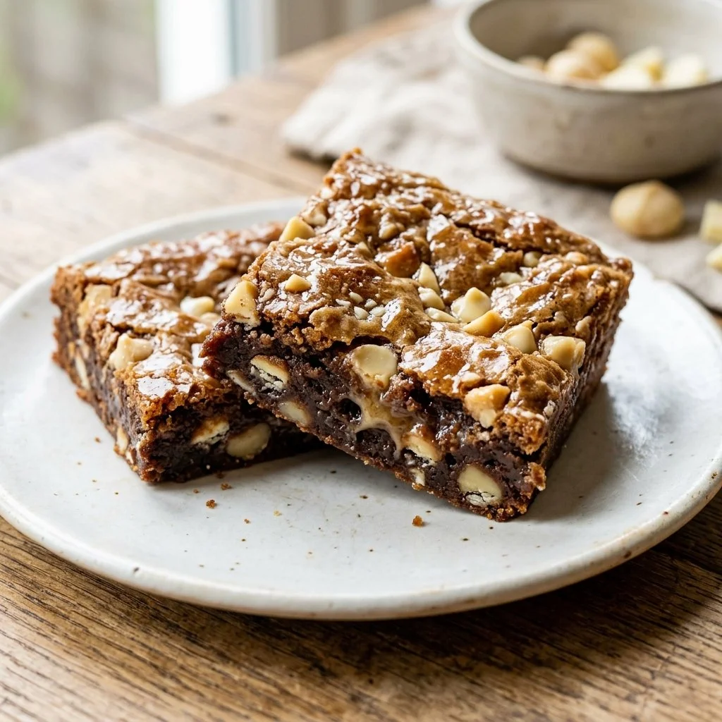 Delicious and fudgy white chocolate brownies on a wooden table