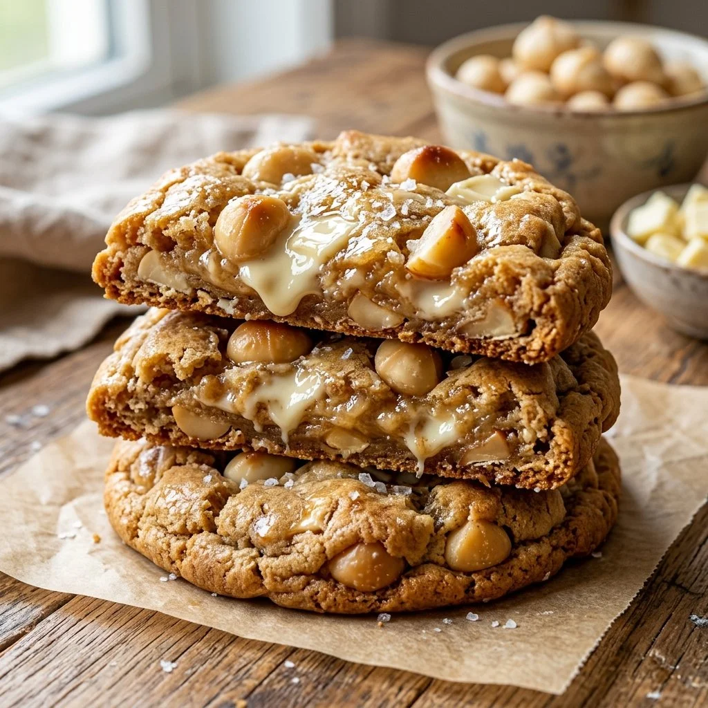 Freshly baked white chocolate macadamia cookies on a plate