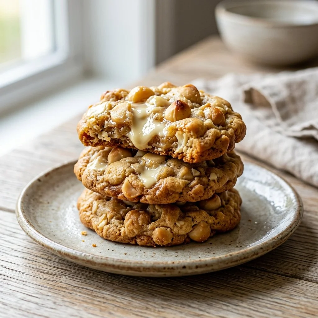 Batch of freshly baked white chocolate macadamia cookies on a cooling rack