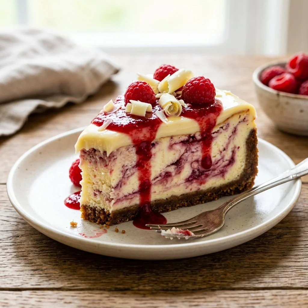 Delicious white chocolate raspberry cheesecake with berries on top