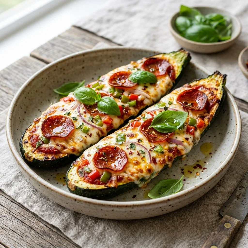 Healthy zucchini boat pizza with toppings and cheese baked to perfection