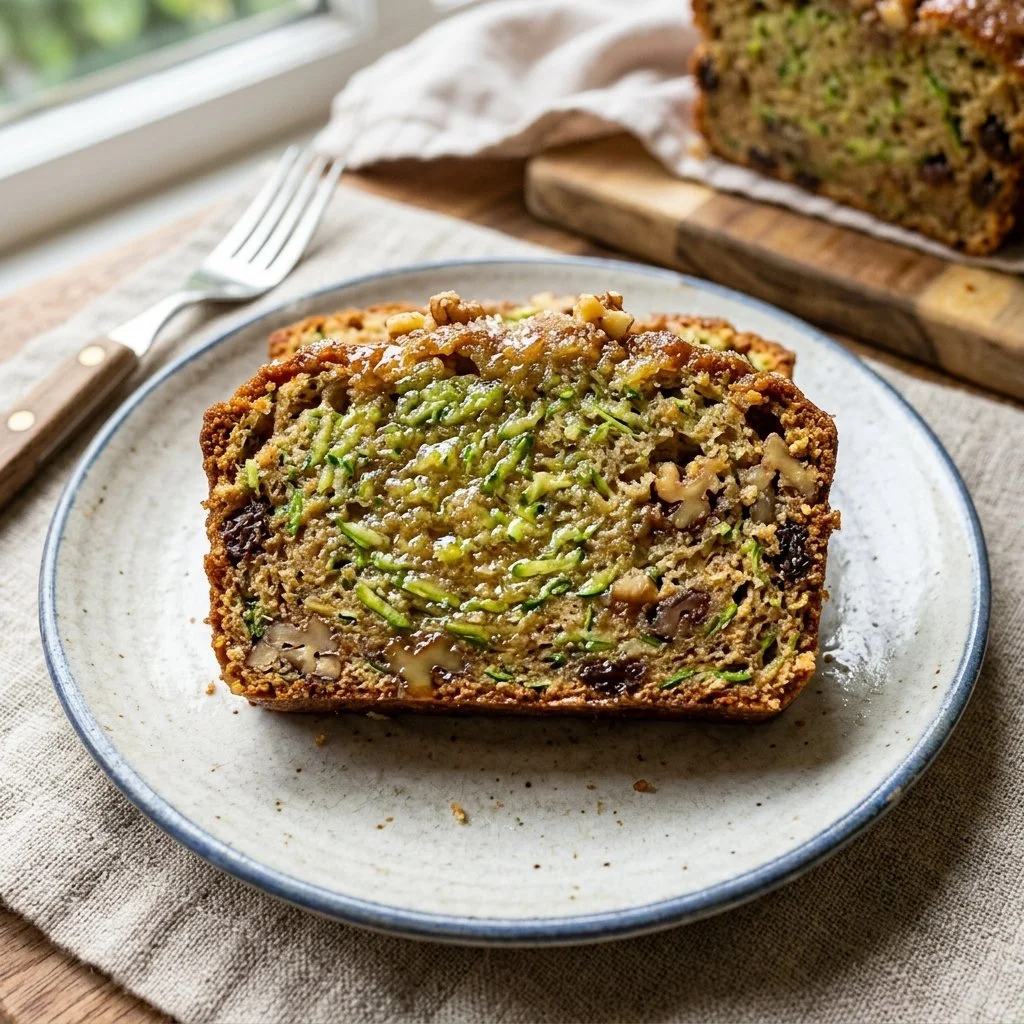 A freshly baked loaf of homemade zucchini bread on a wooden cutting board.