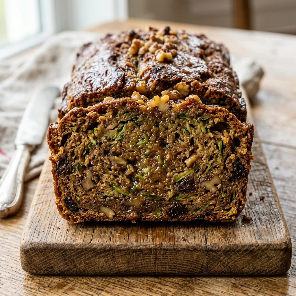 Freshly baked zucchini bread with slices on a wooden board