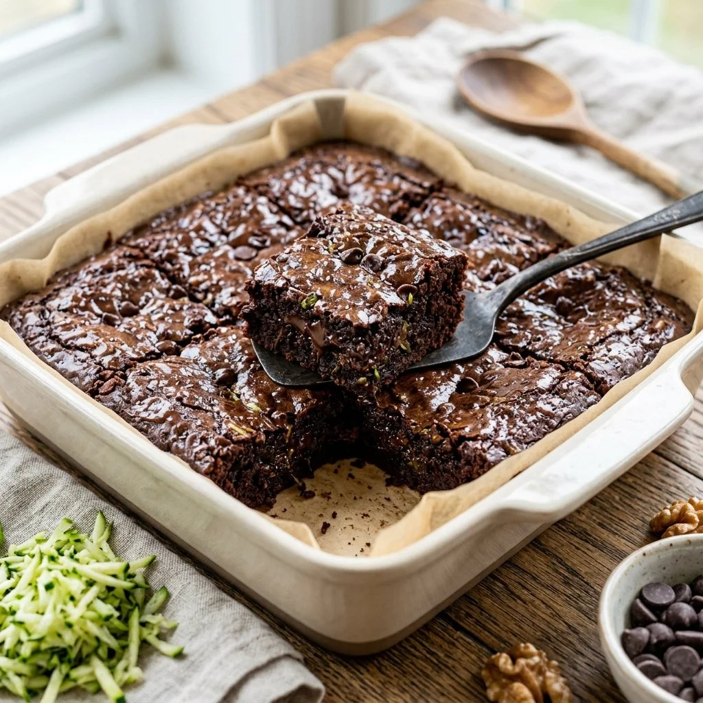 Delicious homemade zucchini brownies with chocolate frosting on a white plate