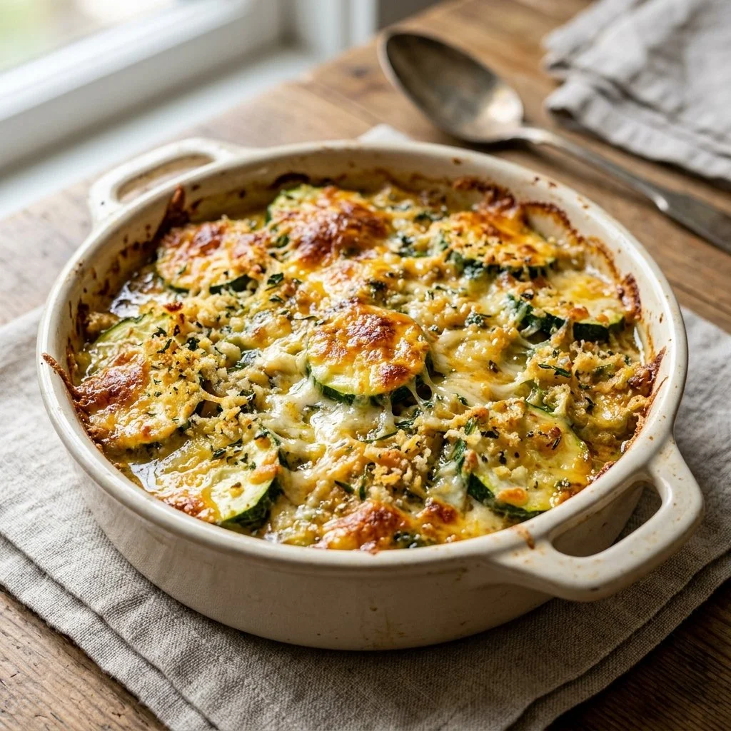 Delicious baked zucchini casserole served in a dish