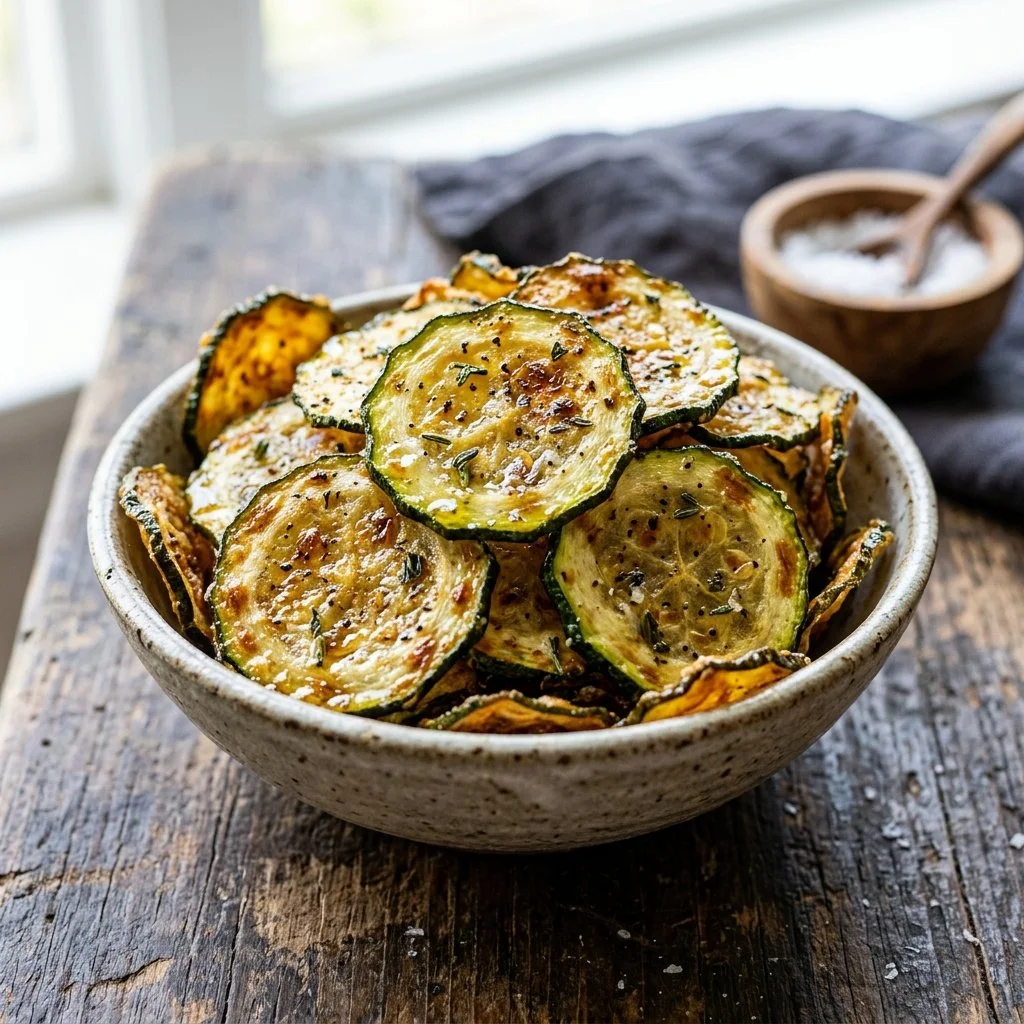 Homemade zucchini chips served in a bowl, a healthy snack option.