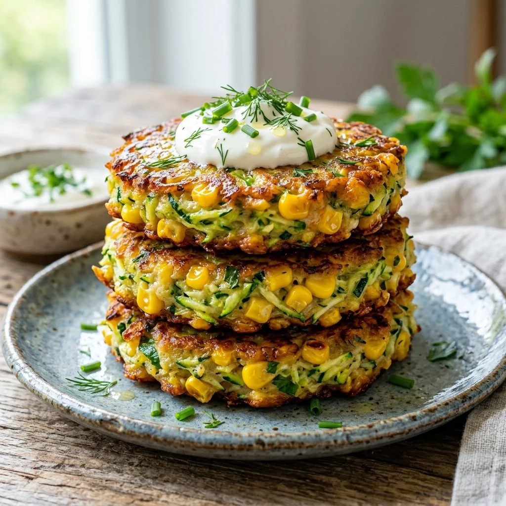 Delicious zucchini corn fritters served on a plate, garnished with herbs.