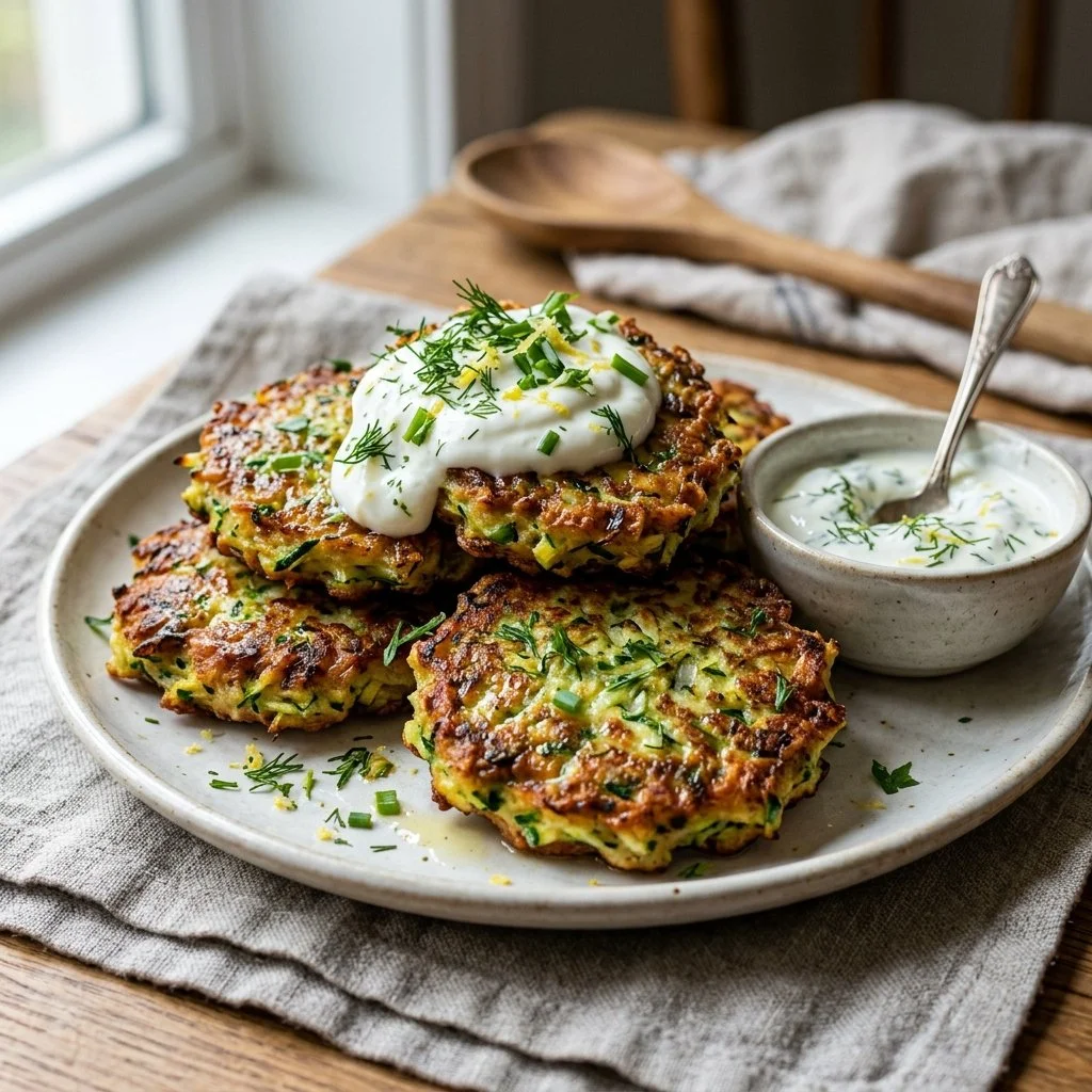 Crispy zucchini fritters served with a dipping sauce