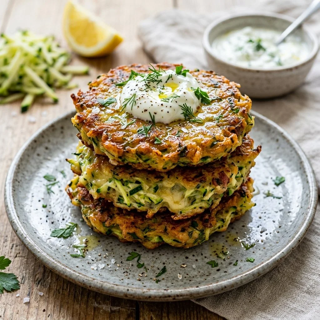 Crispy zucchini fritters served on a plate with dipping sauce