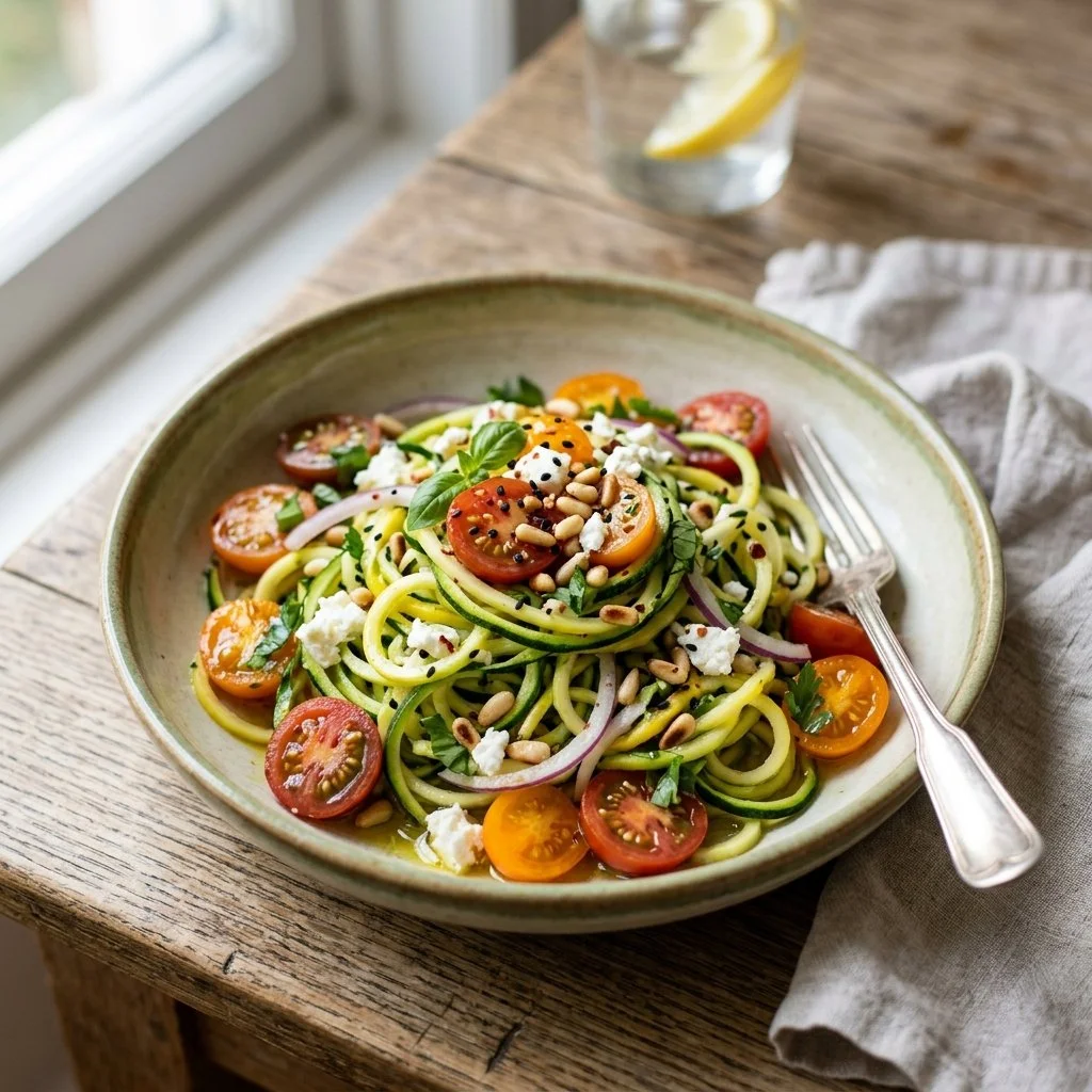 Colorful zucchini noodle salad with fresh vegetables and dressing