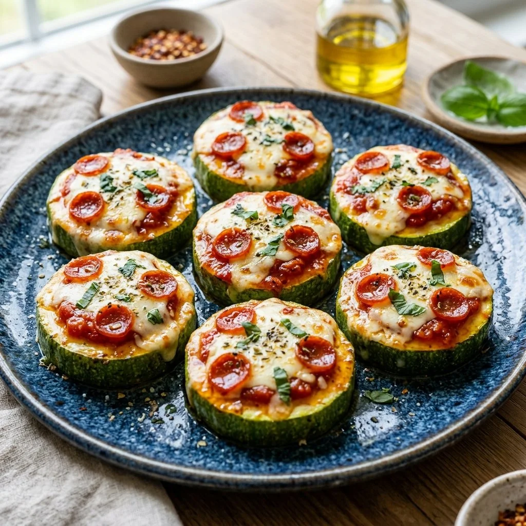 Homemade Zucchini Pizza Bites topped with cheese and herbs