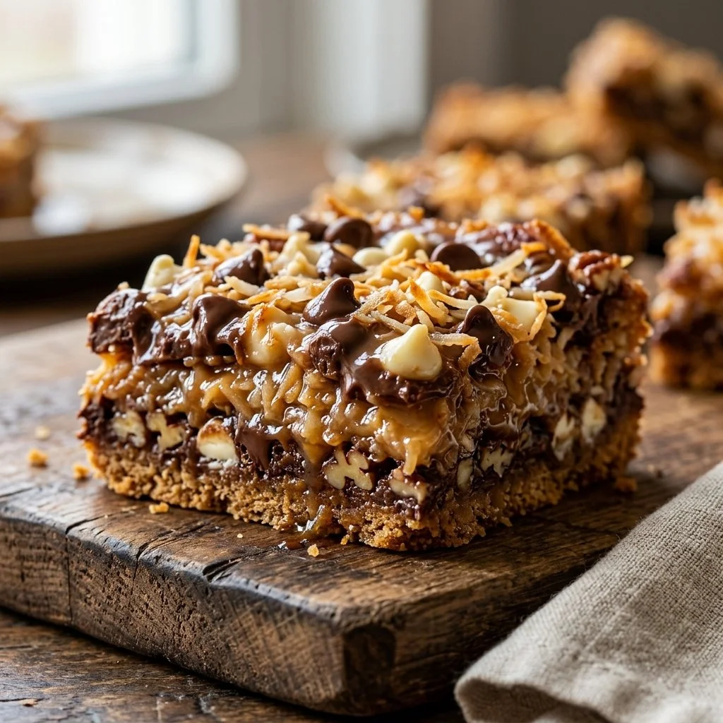 Delicious 7 Layer Bars topped with chocolate, coconut, and nuts