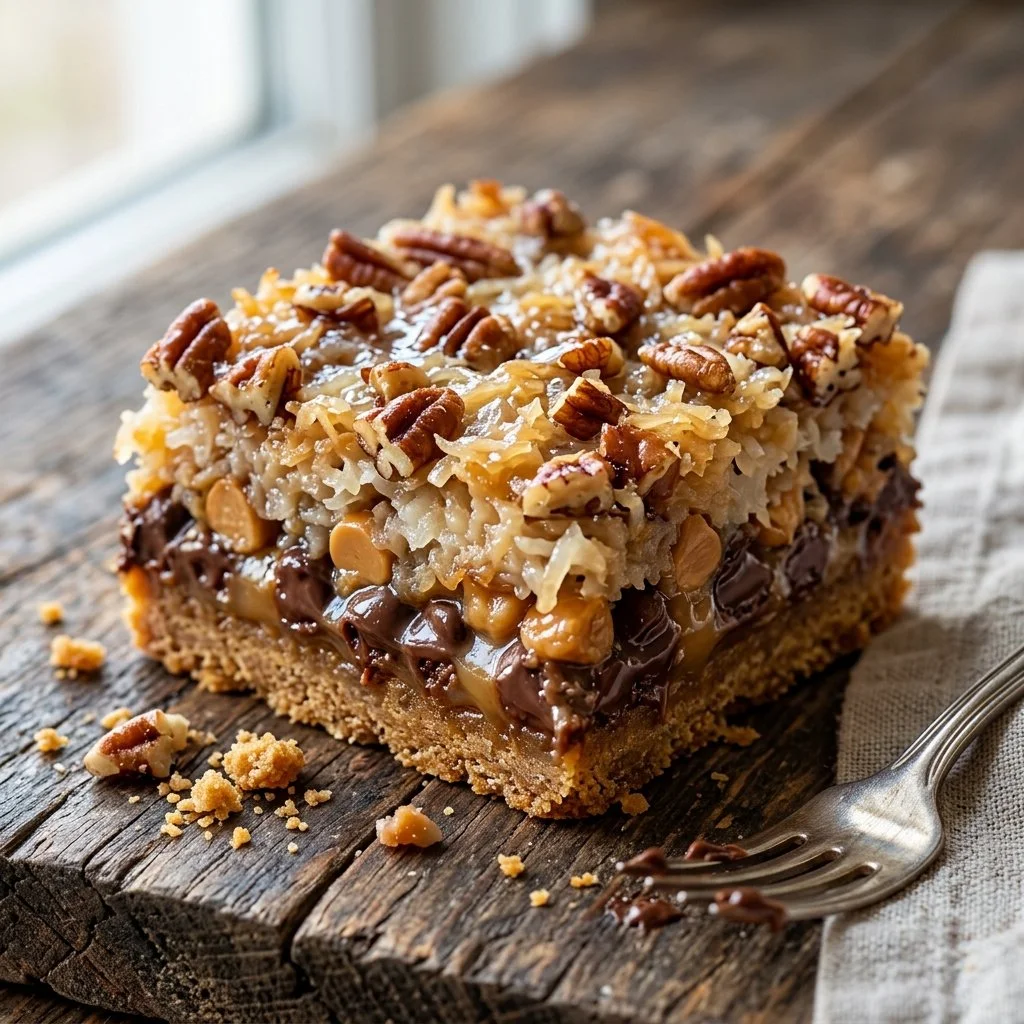Delicious homemade 7 layer bars with chocolate and coconut layers