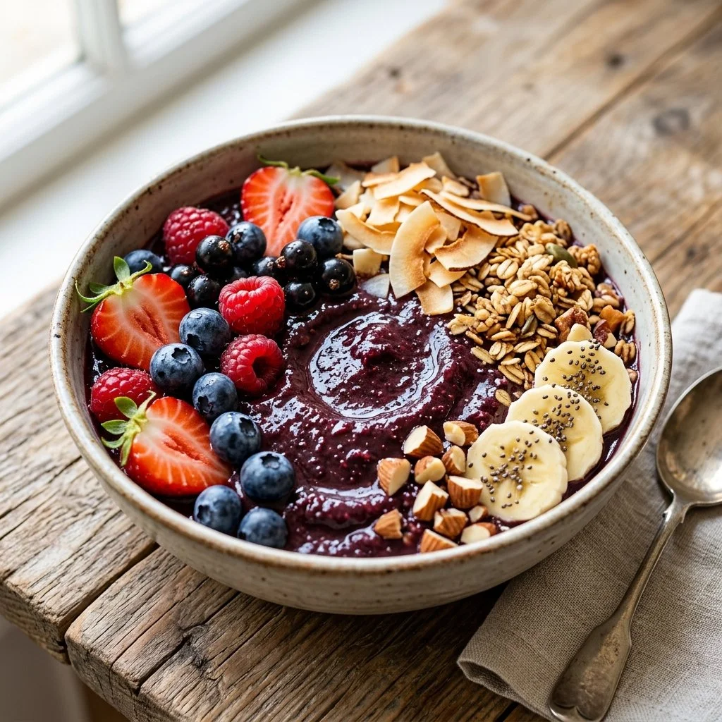 Healthy and vibrant açaí bowl topped with fresh fruits and granola