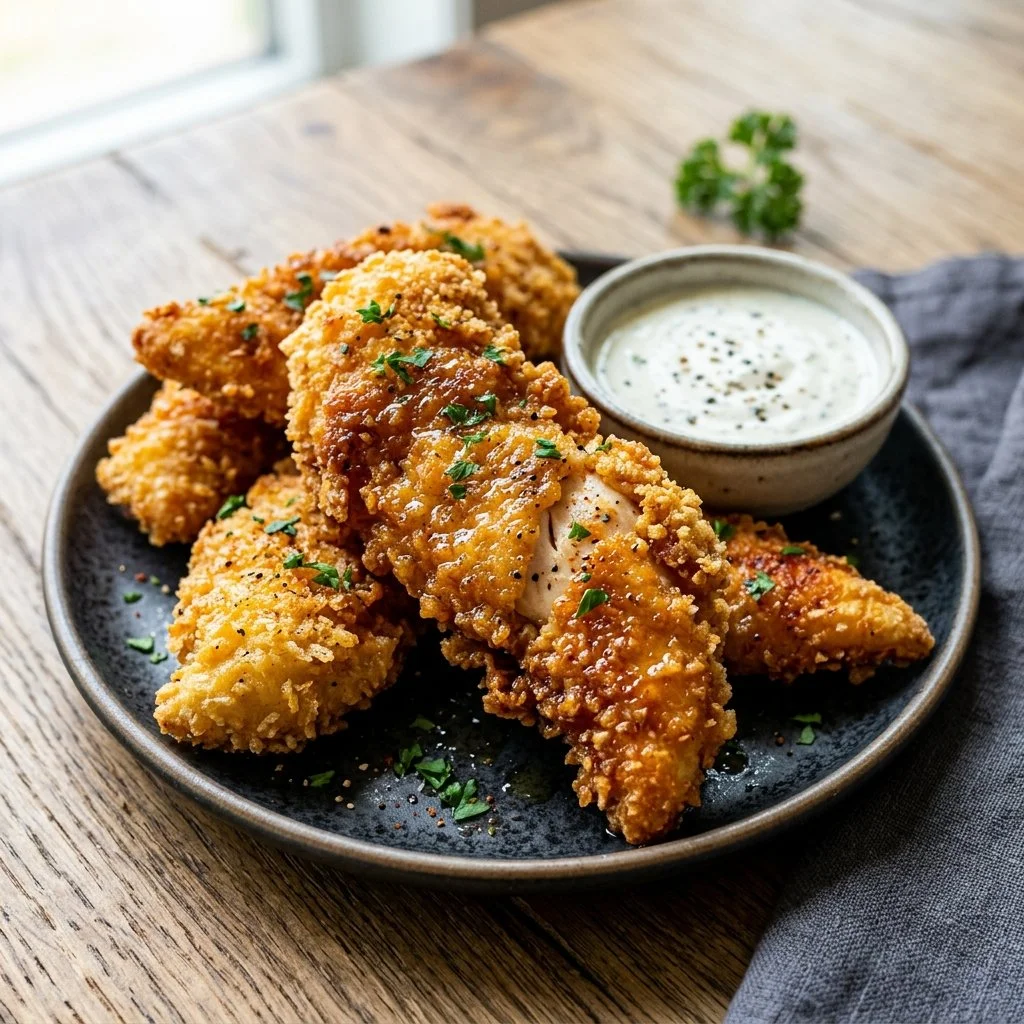 Crispy air fryer chicken tenders served with dipping sauce on a plate.