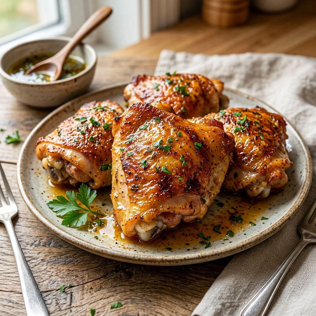 Crispy air fryer chicken thighs served with vegetables