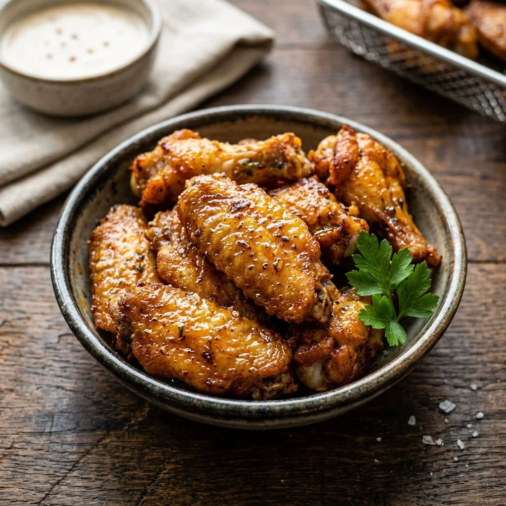 Crispy air fryer chicken wings served with dipping sauce