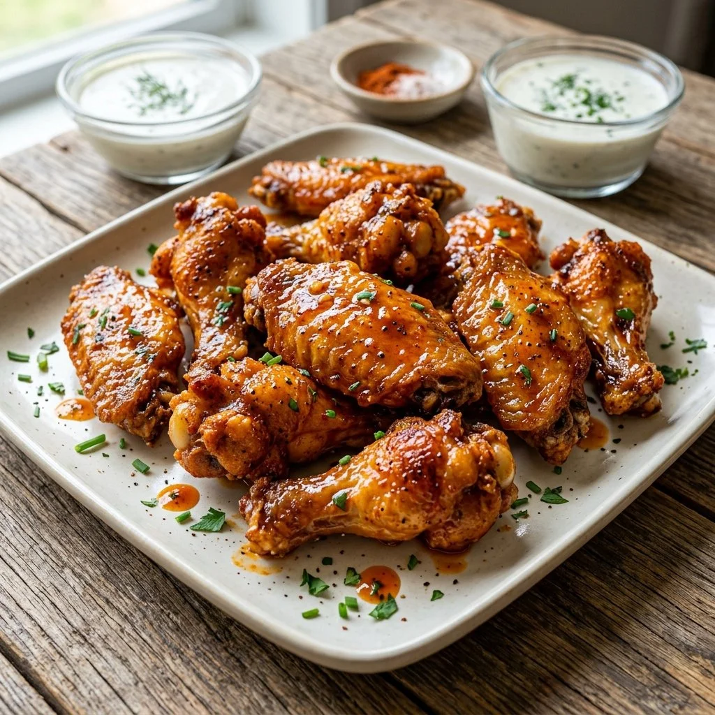 Crispy Air Fryer Chicken Wings garnished with herbs and spices
