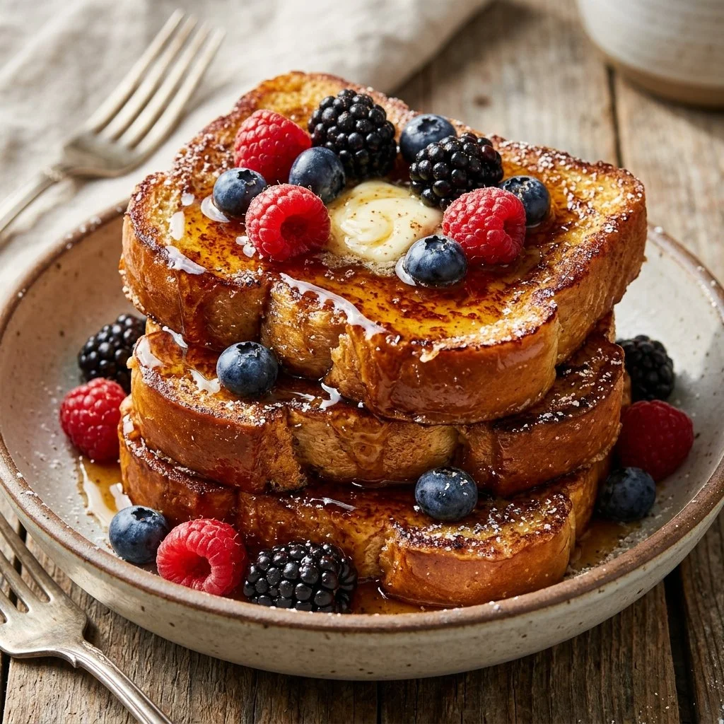 Delicious Air Fryer French Toast served with syrup and berries