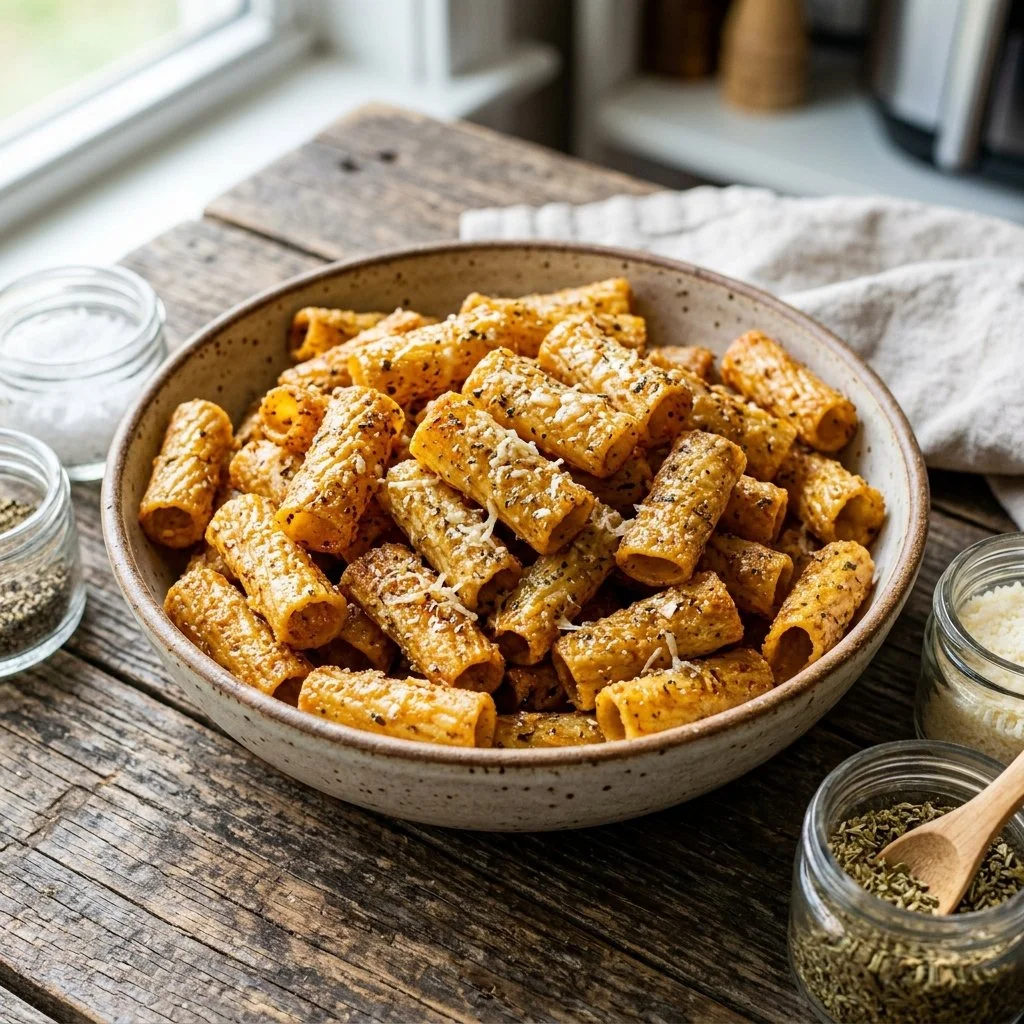 Crispy air fryer pasta chips ready to be served with dip.