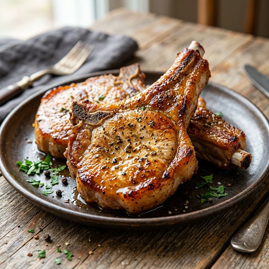 Crispy air fryer pork chops served on a plate with sides