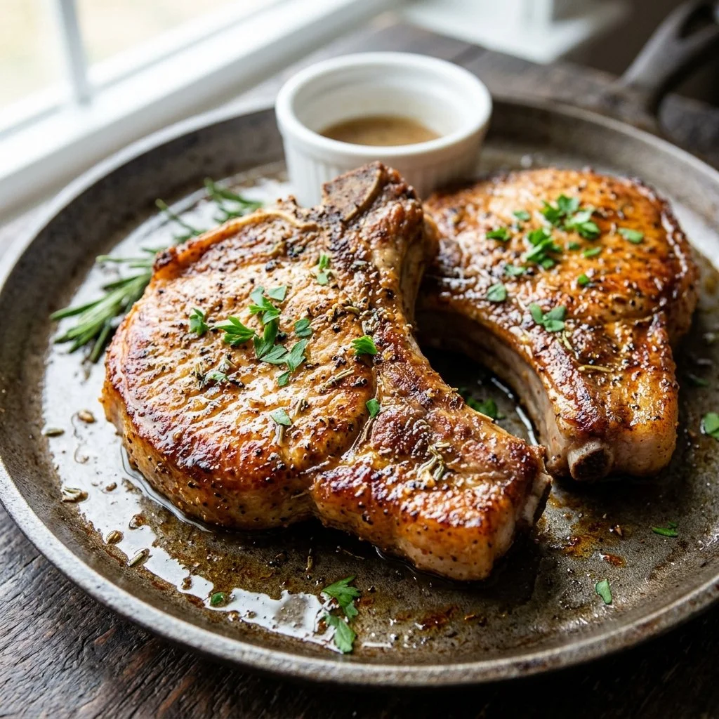 Delicious air fryer pork chops served on a plate with herbs and spices.