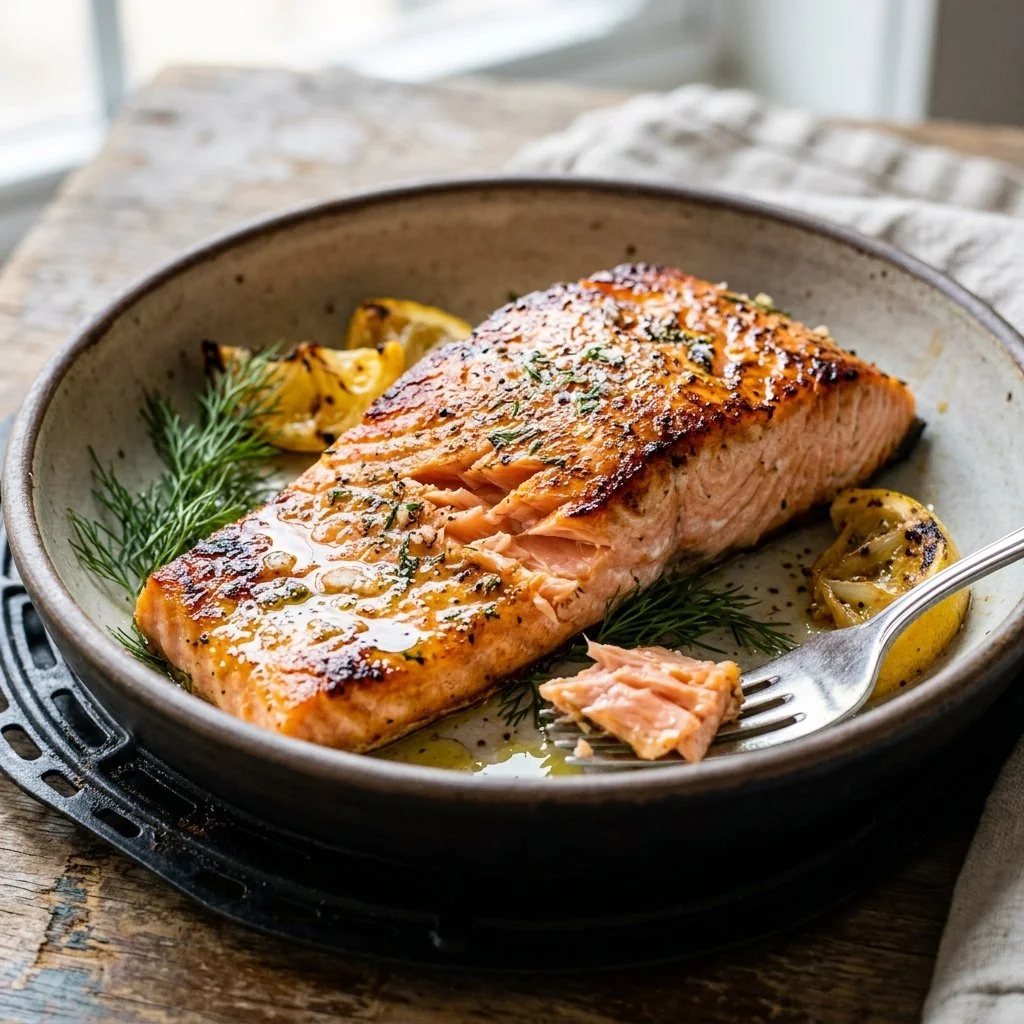 Delicious air fryer salmon served on a plate with herbs and lemon