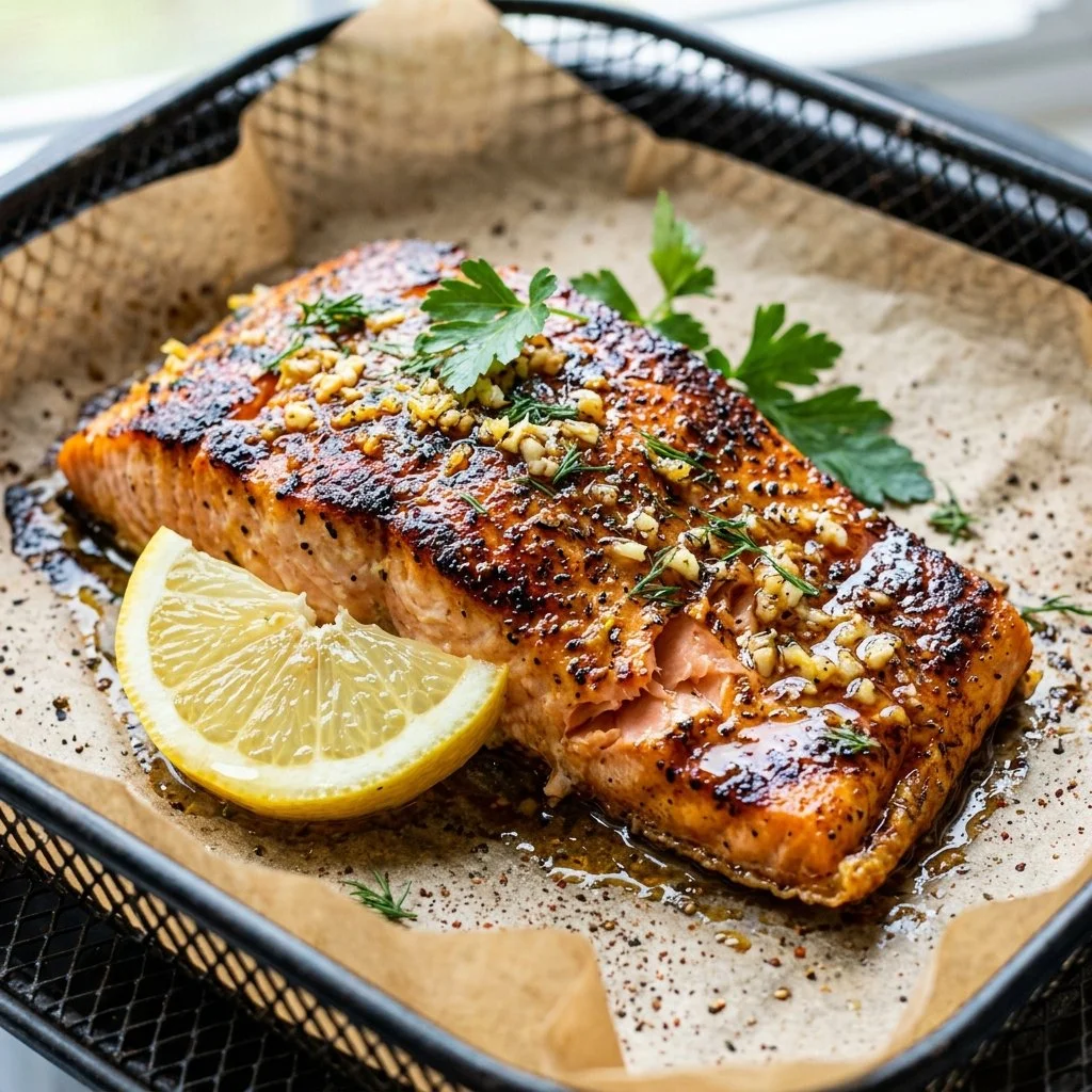 Delicious air fryer salmon served on a plate with lemon slices and herbs.