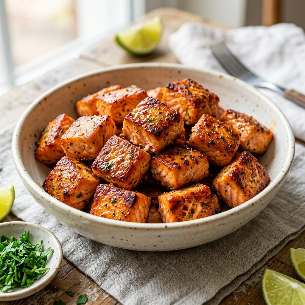 Delicious air fryer salmon bites served as a healthy snack or appetizer.
