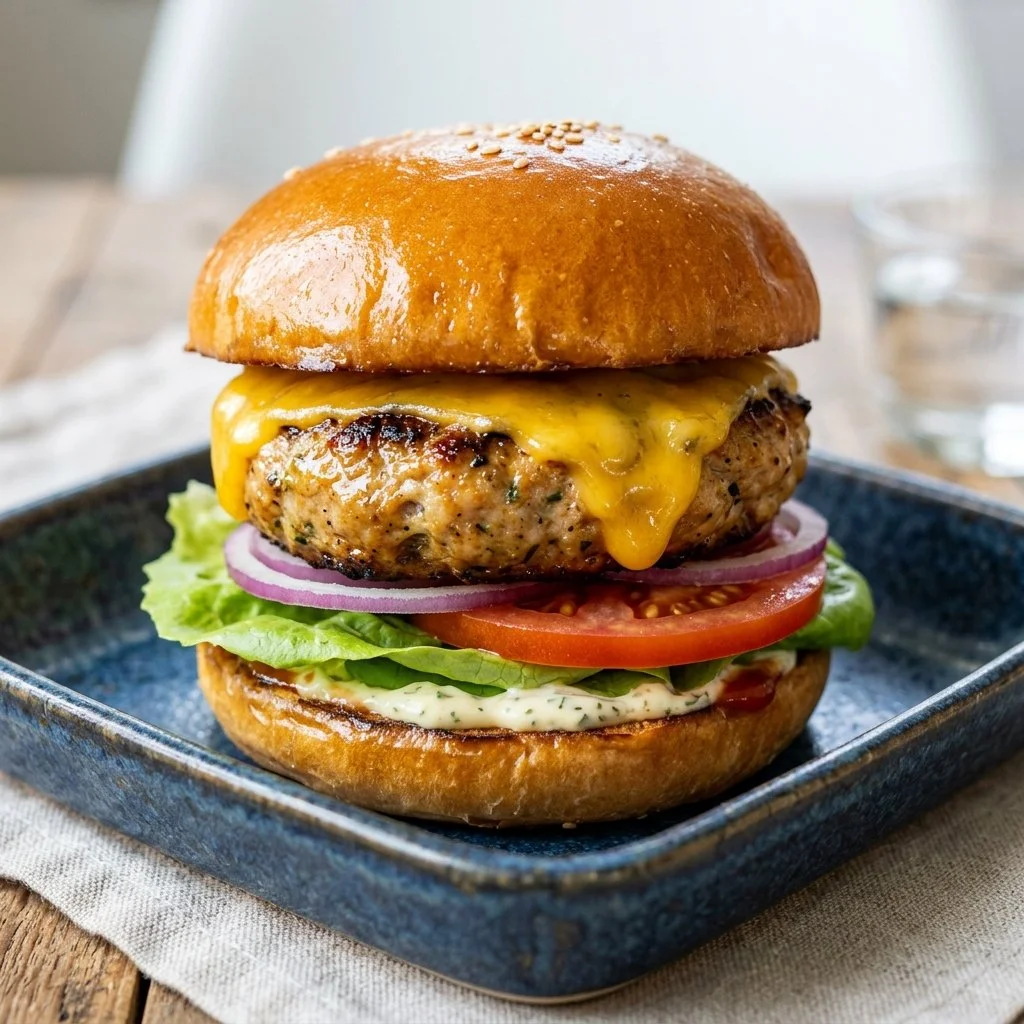 Juicy air fryer turkey burgers cooked to perfection, served with fresh toppings.