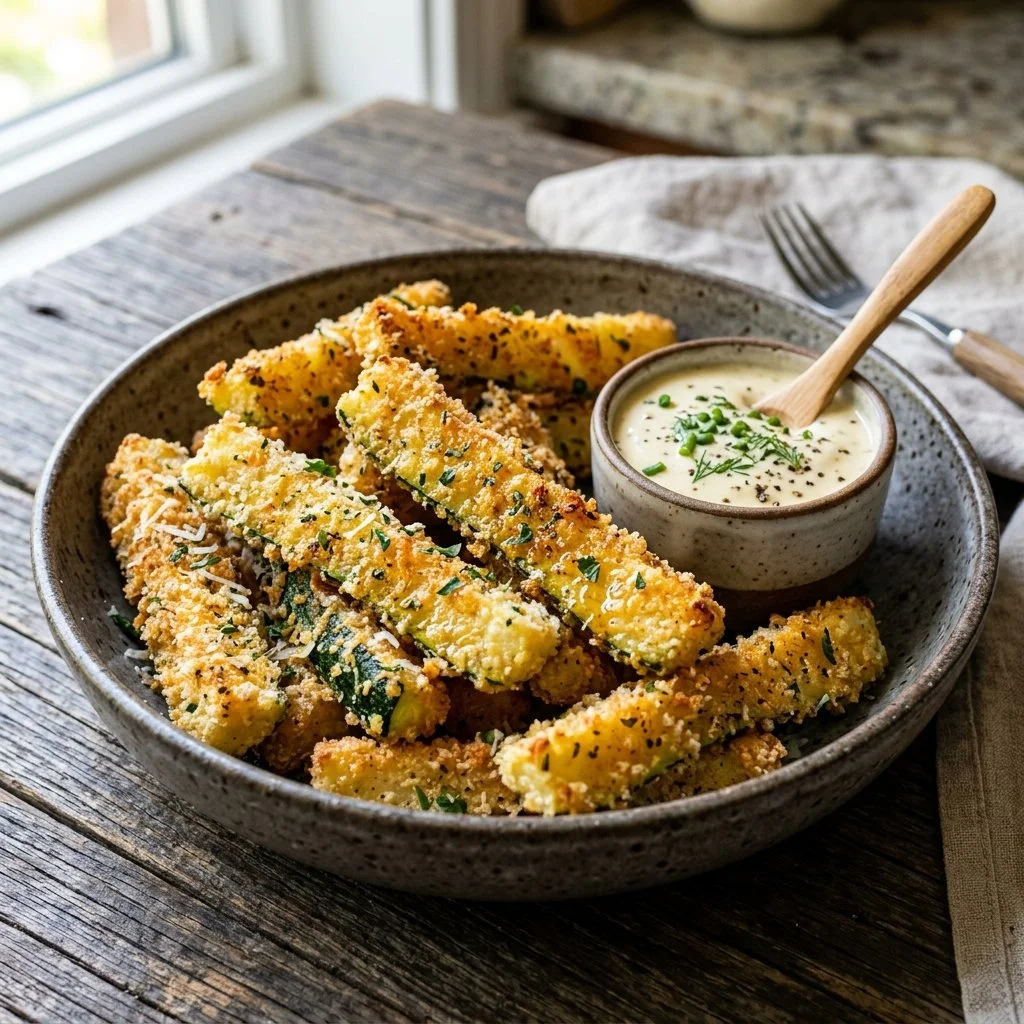 Air fryer zucchini fries served in a bowl with dipping sauce