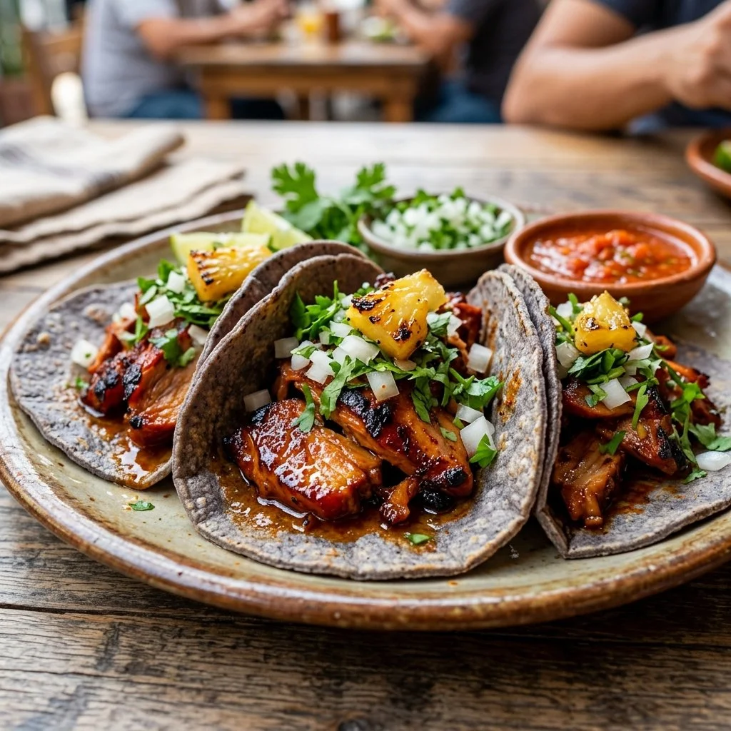 Delicious Al Pastor Tacos topped with fresh cilantro and onions