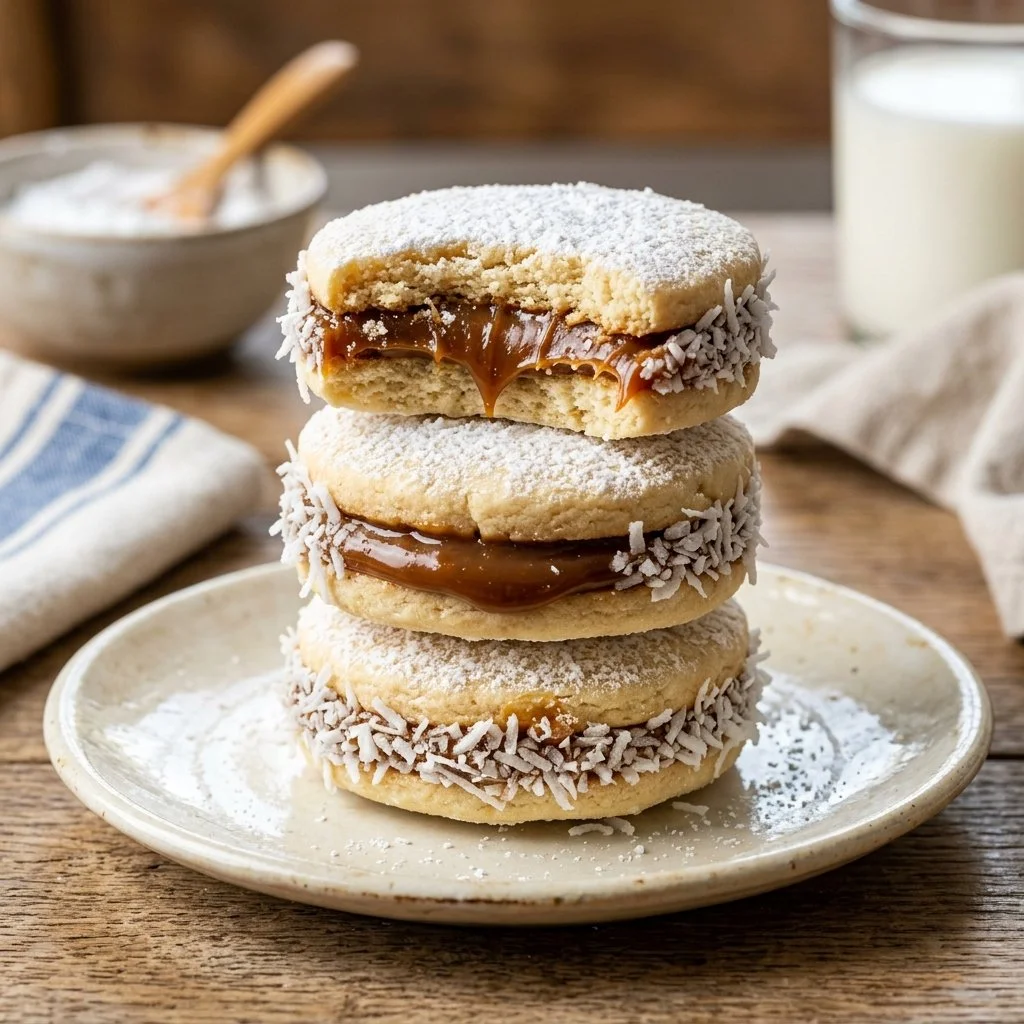 Delicious Alfajores Cookies filled with creamy dulce de leche