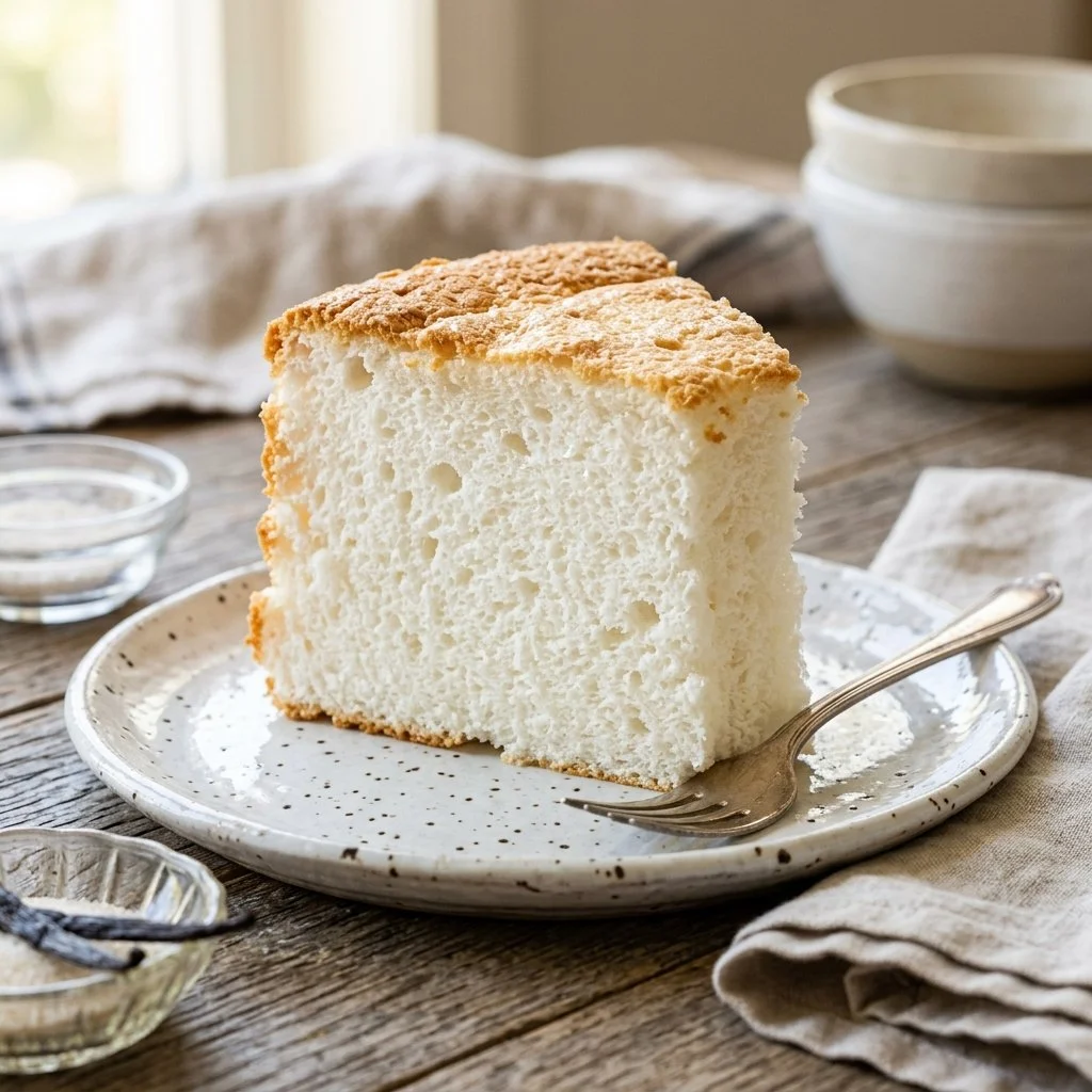 Deliciously homemade Angel Food Cake topped with fresh strawberries