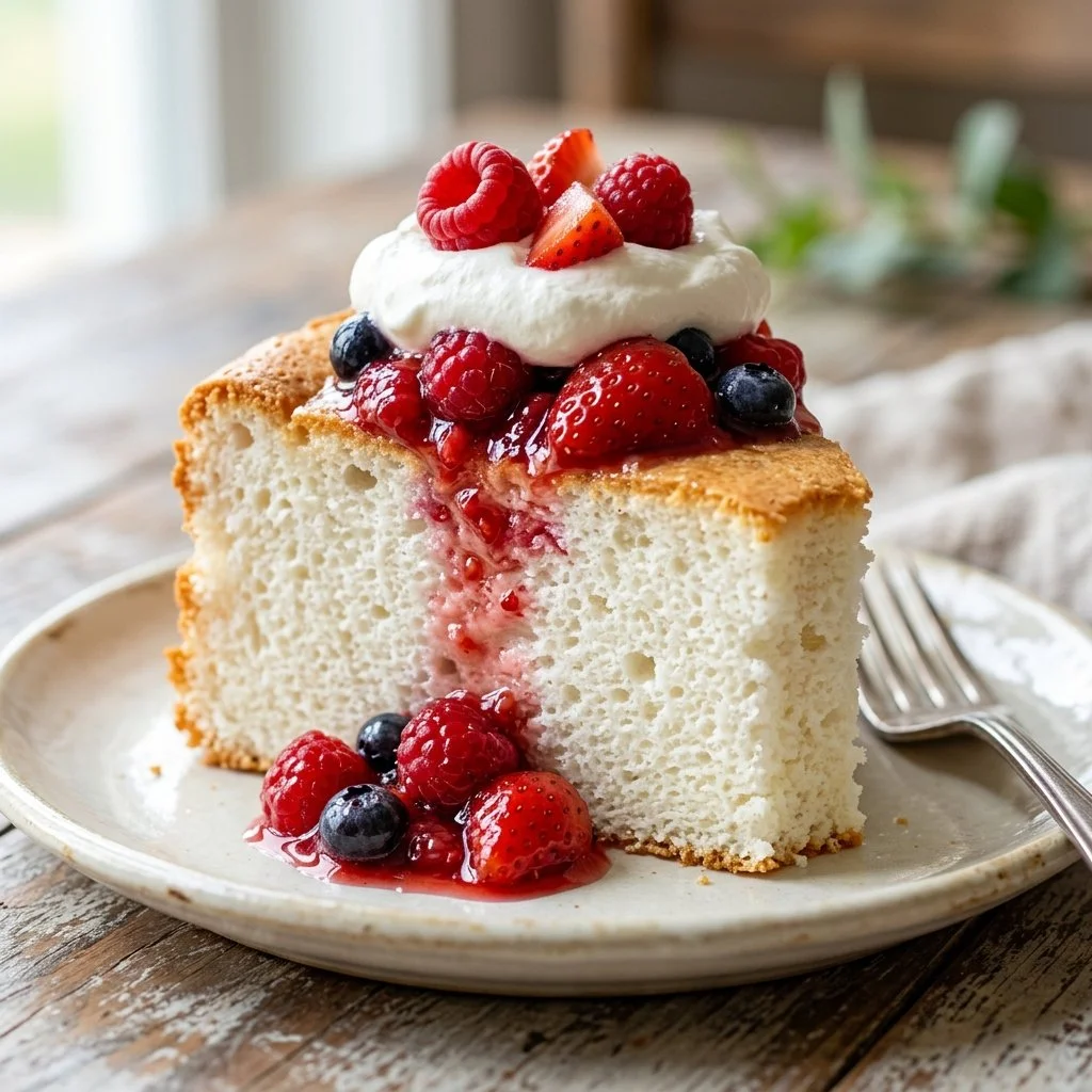 Delicious homemade Angel Food Cake topped with fresh strawberries and whipped cream