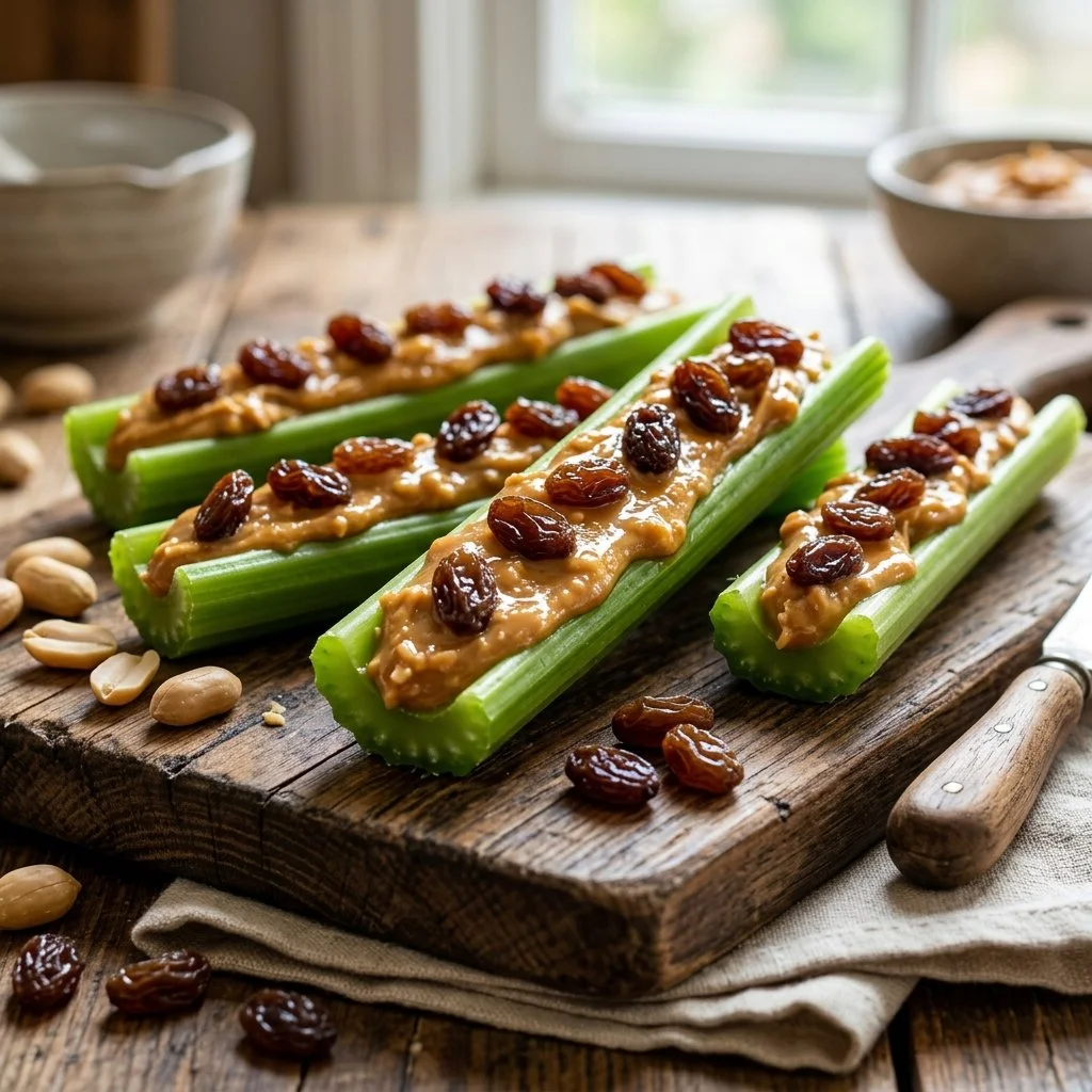 Delicious Ants on a Log snack with celery, peanut butter, and raisins.