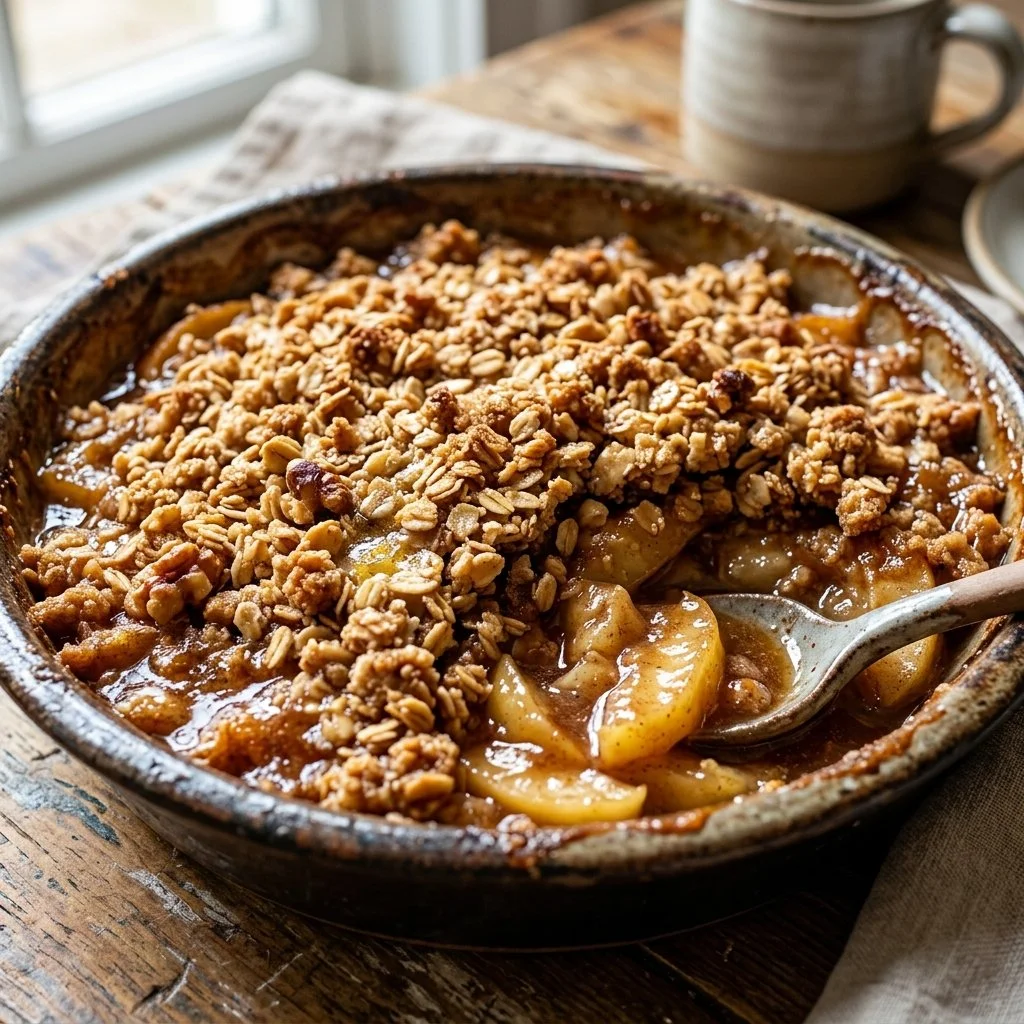 Delicious homemade apple crisp dessert topped with crispy oats
